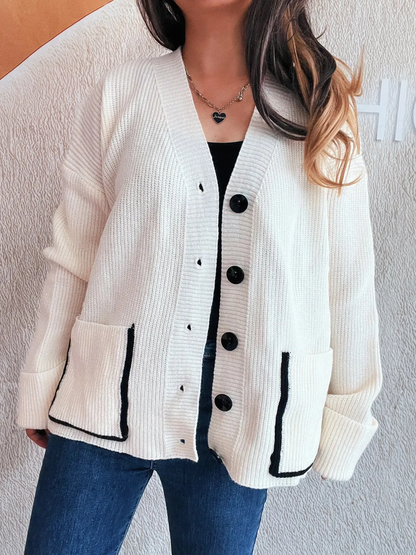 Button-Front Ribbed Cardigan with V-Neck sold by Charming Charlie product image thumbnail 3
