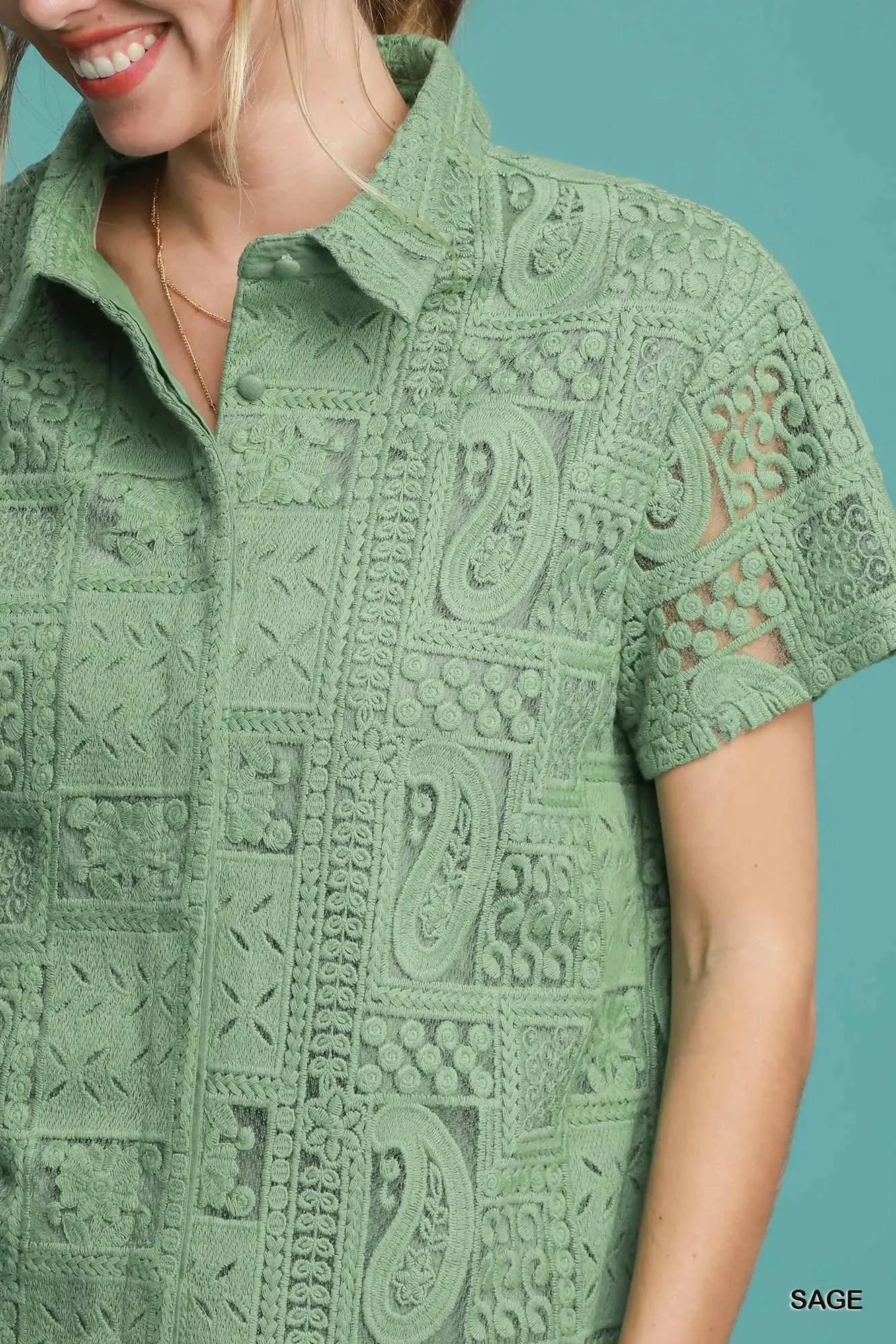 Umgee Patch Lace Short Sleeve Button Down Shirt sold by Charming Charlie product image thumbnail 4