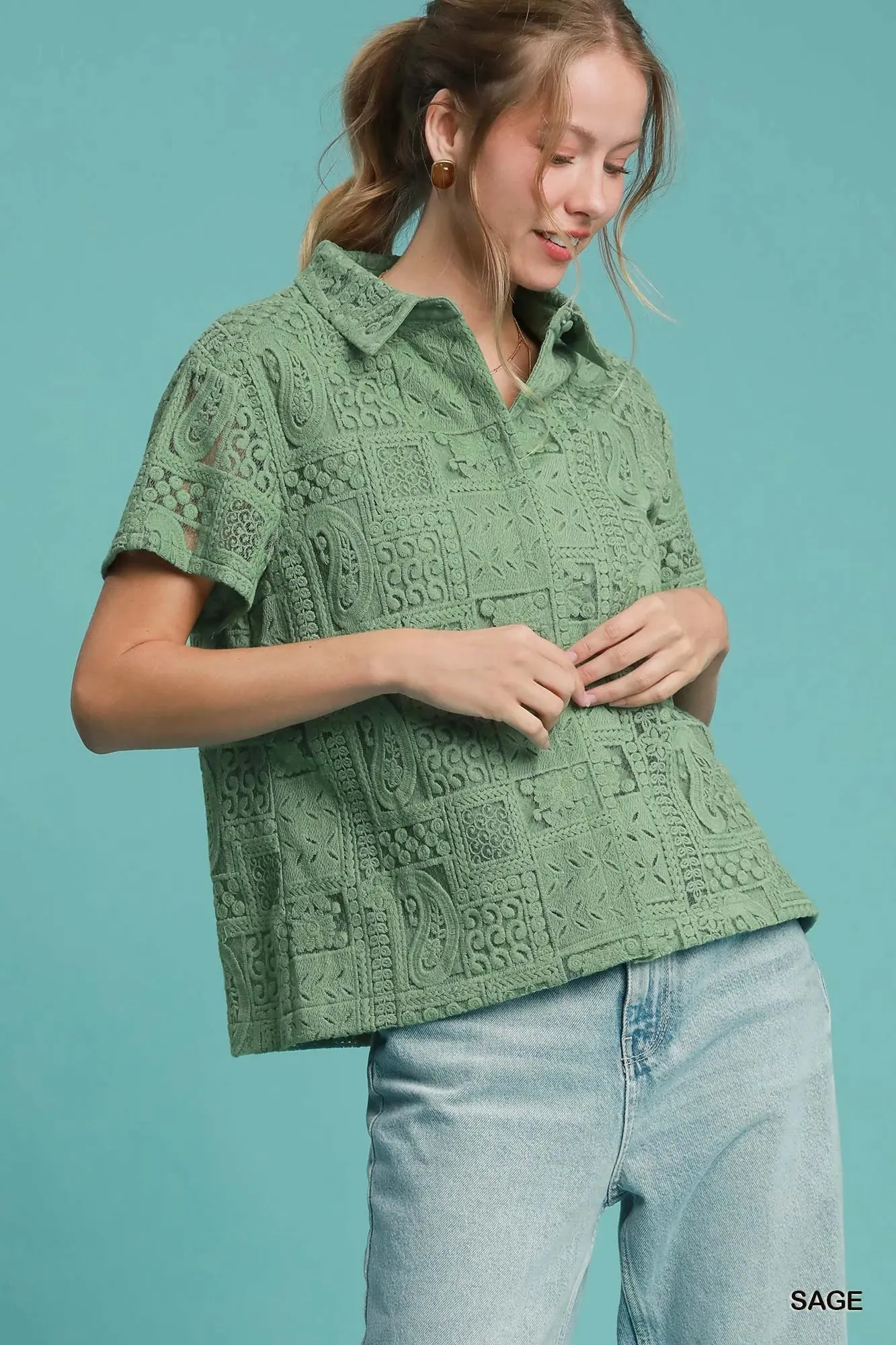 Umgee Patch Lace Short Sleeve Button Down Shirt sold by Charming Charlie