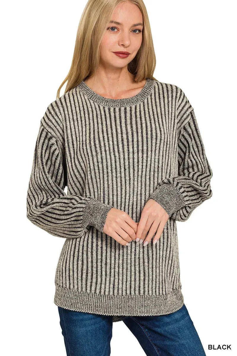 Zenana Curved Hem Two-Tone Ribbed Sweater sold by Charming Charlie