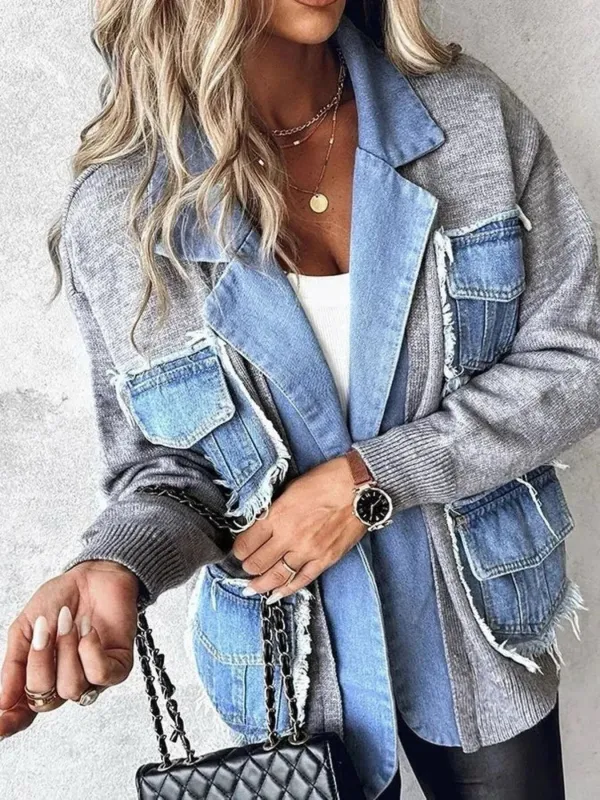 Raw Hem Denim Pocket Patchwork Cardigan sold by Charming Charlie