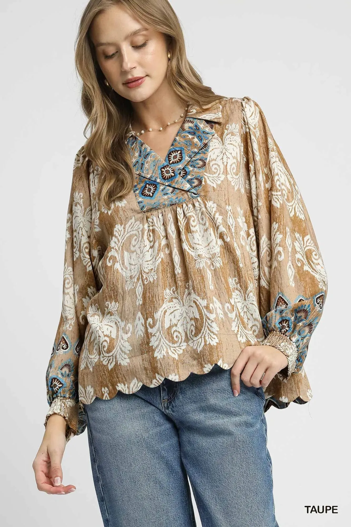 Umgee Floral Boho Blouse with Scalloped Hem sold by Charming Charlie