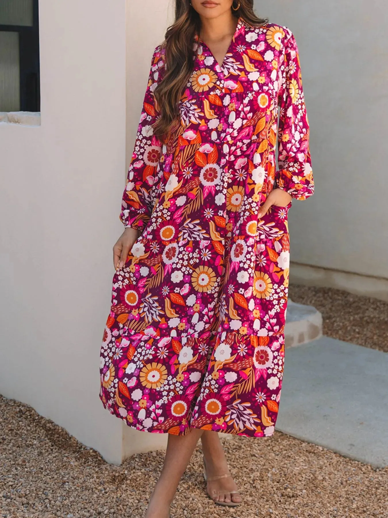 Floral Print Long Sleeve Midi Dress with Pockets sold by Charming Charlie