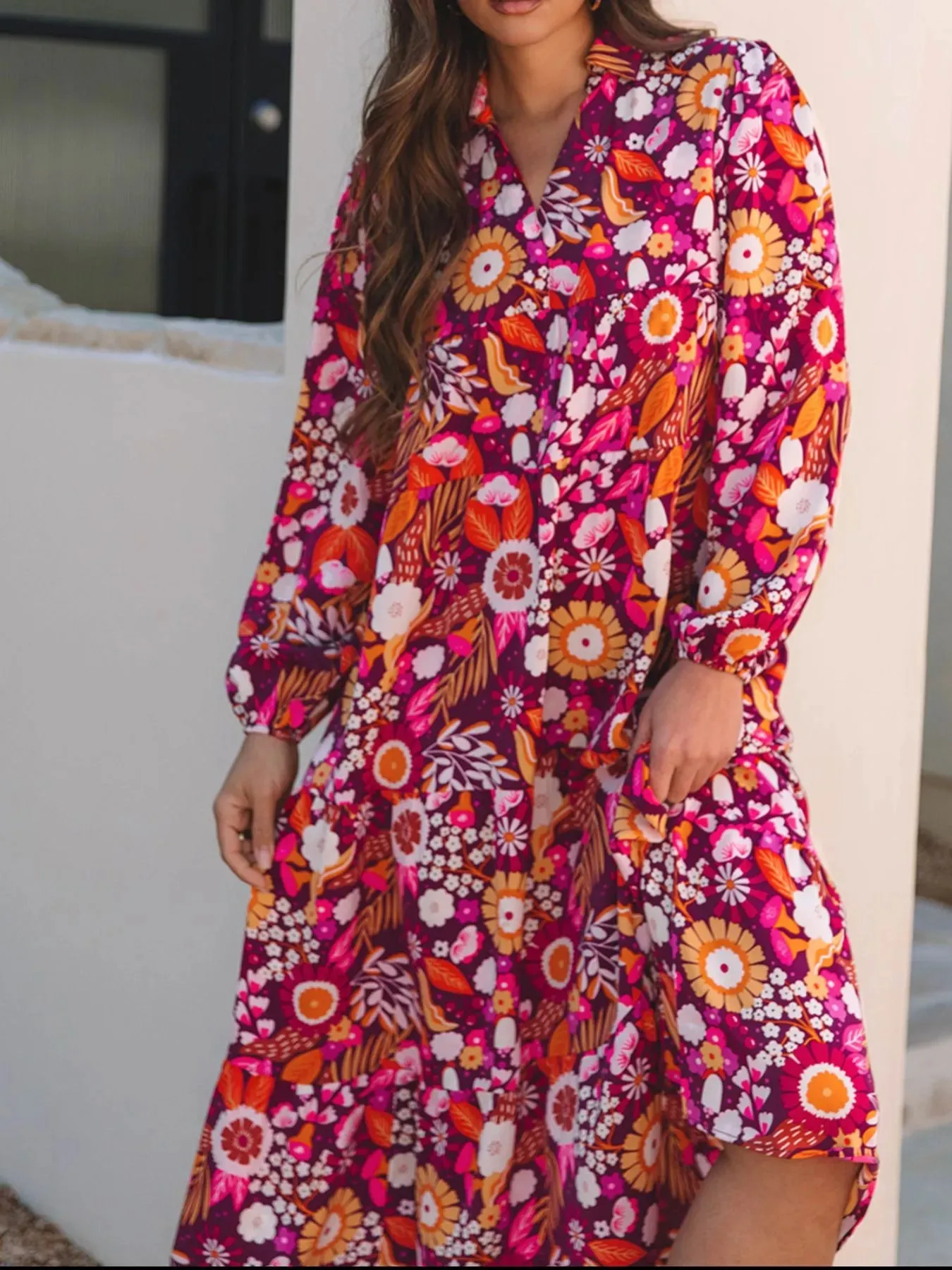 Floral Print Long Sleeve Midi Dress with Pockets sold by Charming Charlie product image thumbnail 3