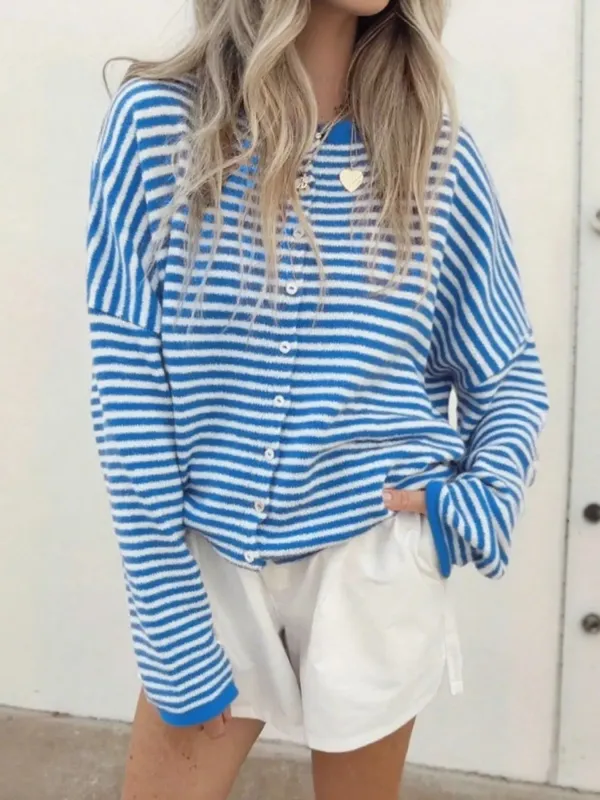 Striped Button Front Long Sleeve Cardigan sold by Charming Charlie