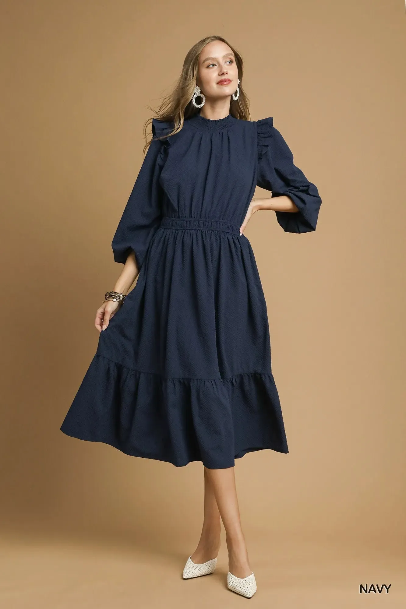 Umgee Textured Midi Dress with Ruffle Shoulder Detail sold by Charming Charlie product image thumbnail 4