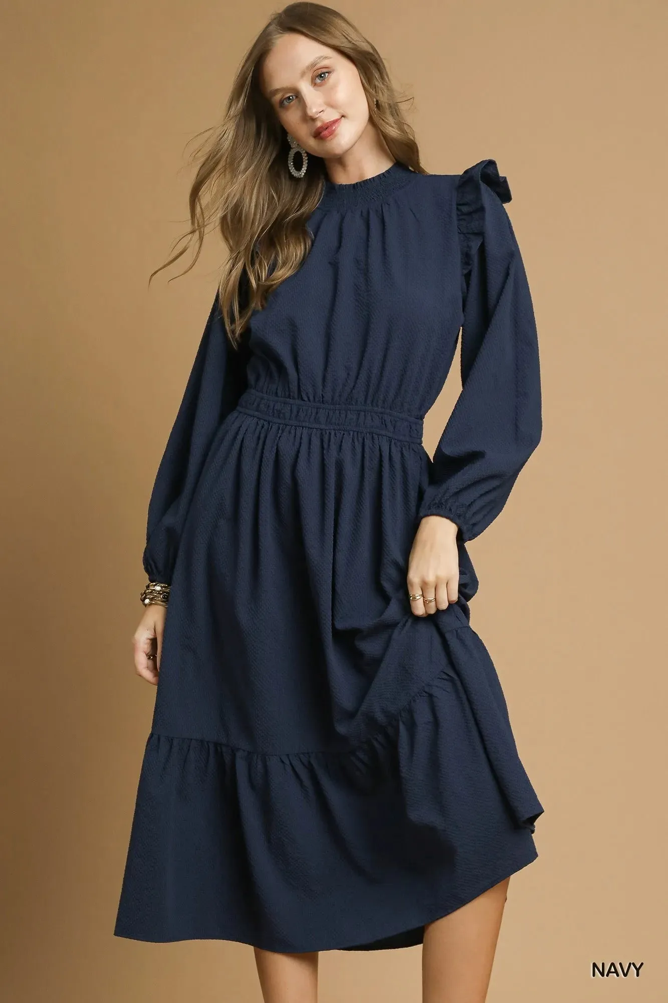 Umgee Textured Midi Dress with Ruffle Shoulder Detail sold by Charming Charlie
