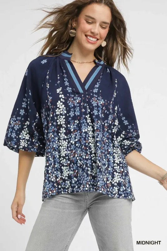 Umgee Full Size Floral Vine Print Blouse with Balloon Sleeves Plus Size sold by Charming Charlie