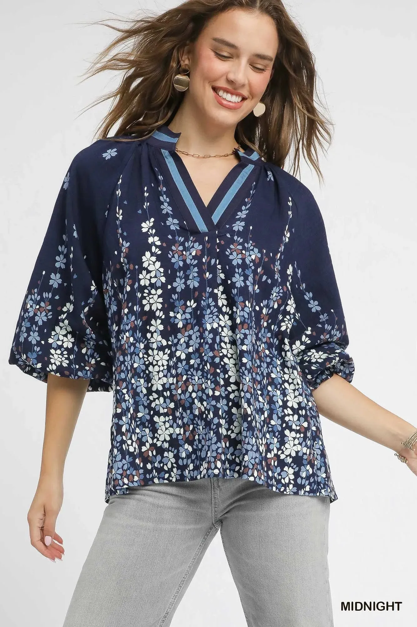 Umgee Full Size Floral Vine Print Blouse with Balloon Sleeves Plus Size sold by Charming Charlie
