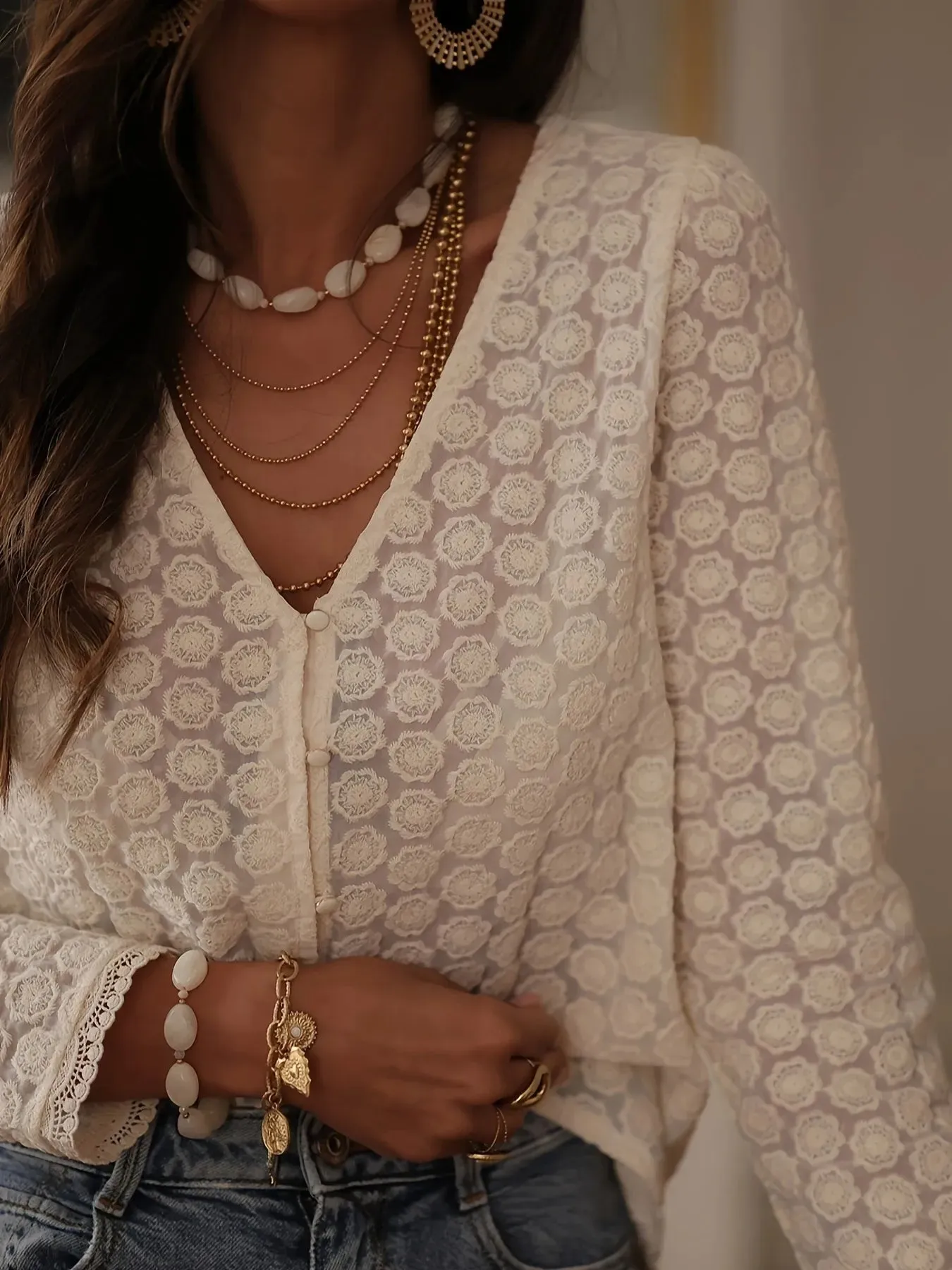 Lace Button Up Long Sleeve Shirt sold by Charming Charlie product image thumbnail 3