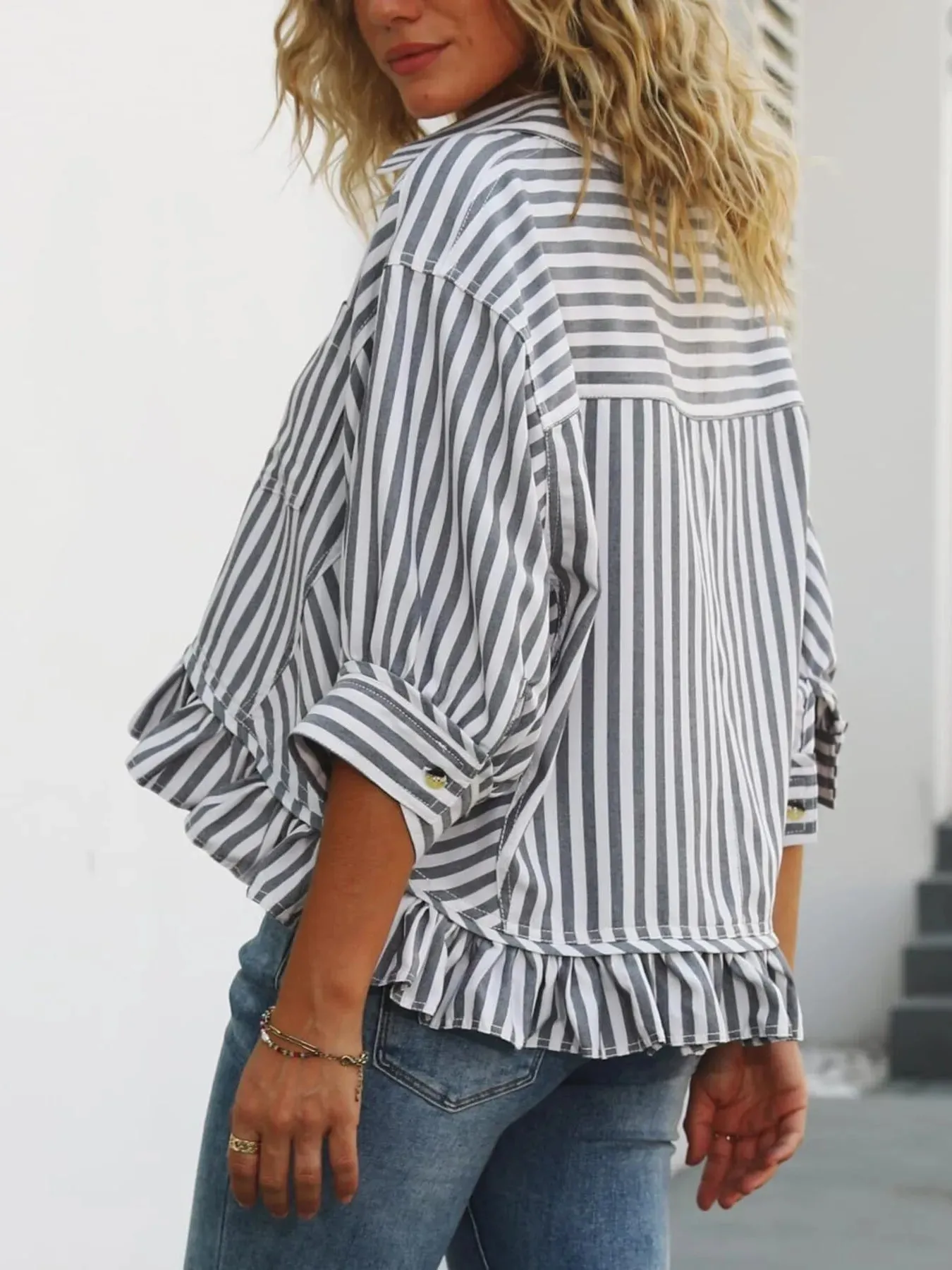 Striped Ruffle Hem Button-Up Shirt sold by Charming Charlie product image thumbnail 2