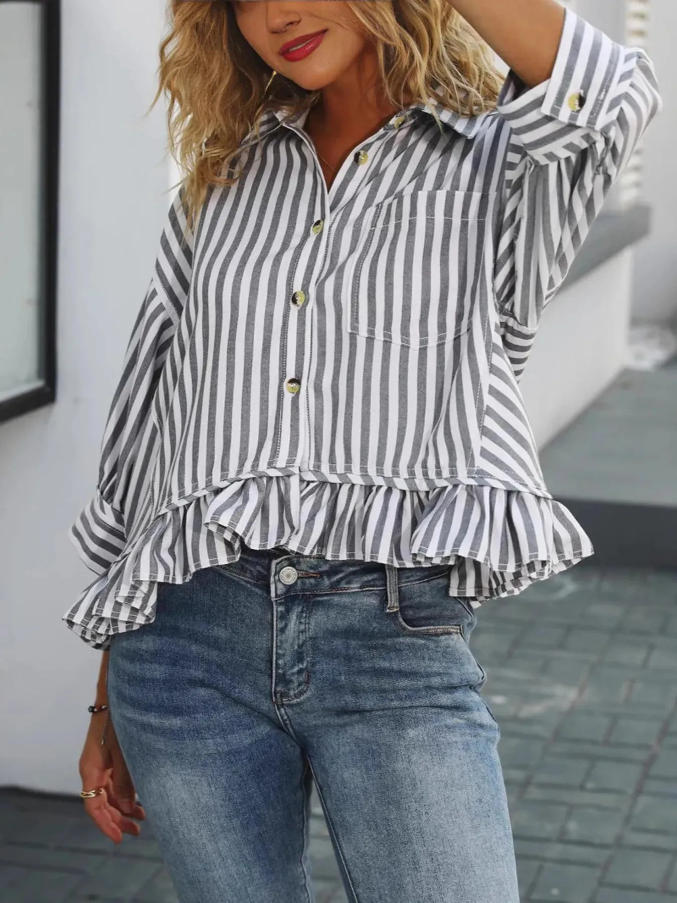 Striped Ruffle Hem Button-Up Shirt sold by Charming Charlie product image thumbnail 3