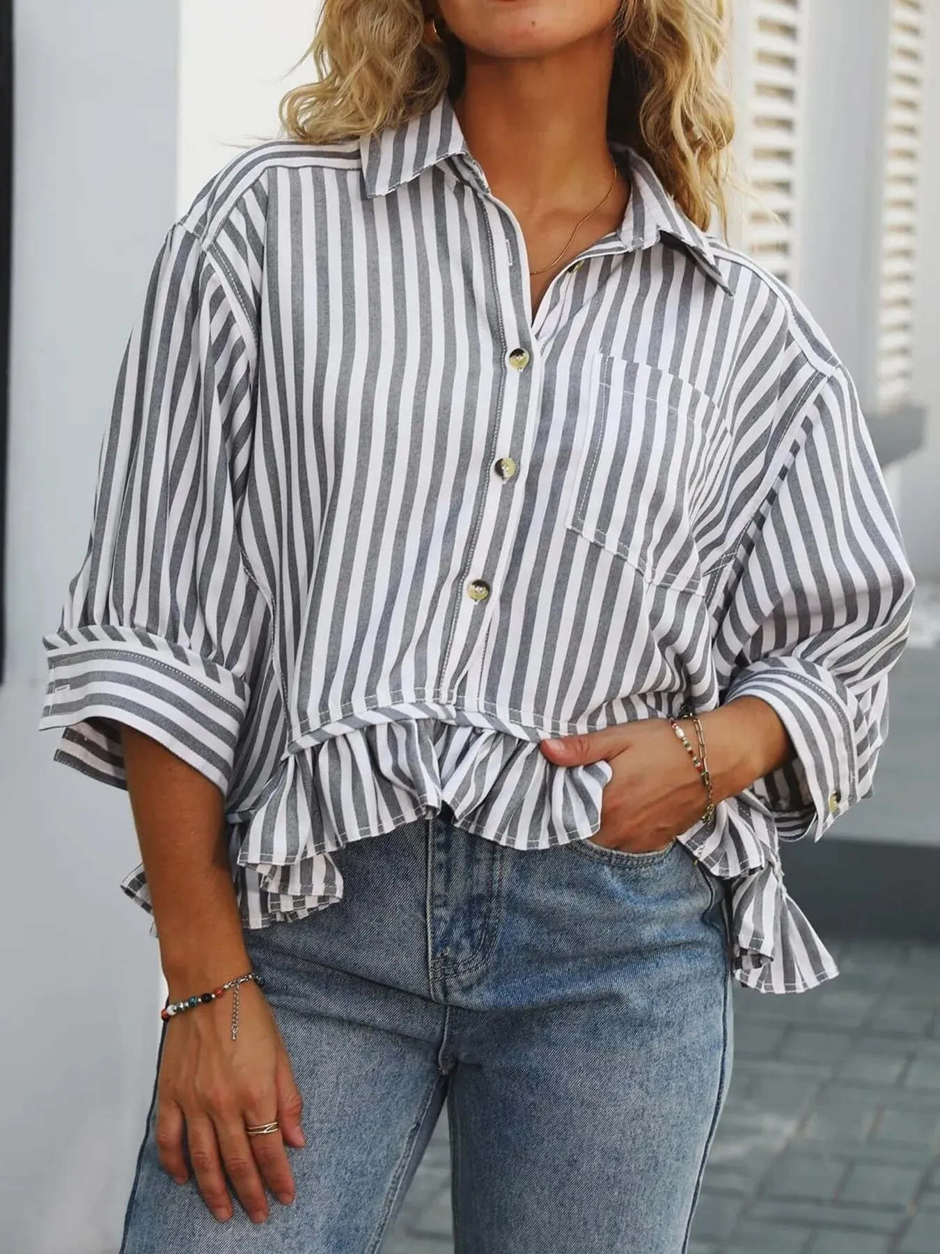 Striped Ruffle Hem Button-Up Shirt sold by Charming Charlie product image thumbnail 4