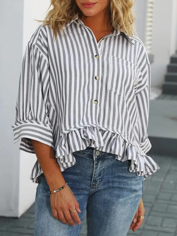 Striped Ruffle Hem Button-Up Shirt sold by Charming Charlie