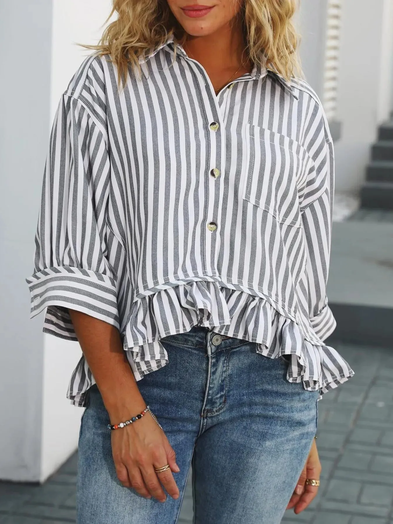 Striped Ruffle Hem Button-Up Shirt sold by Charming Charlie