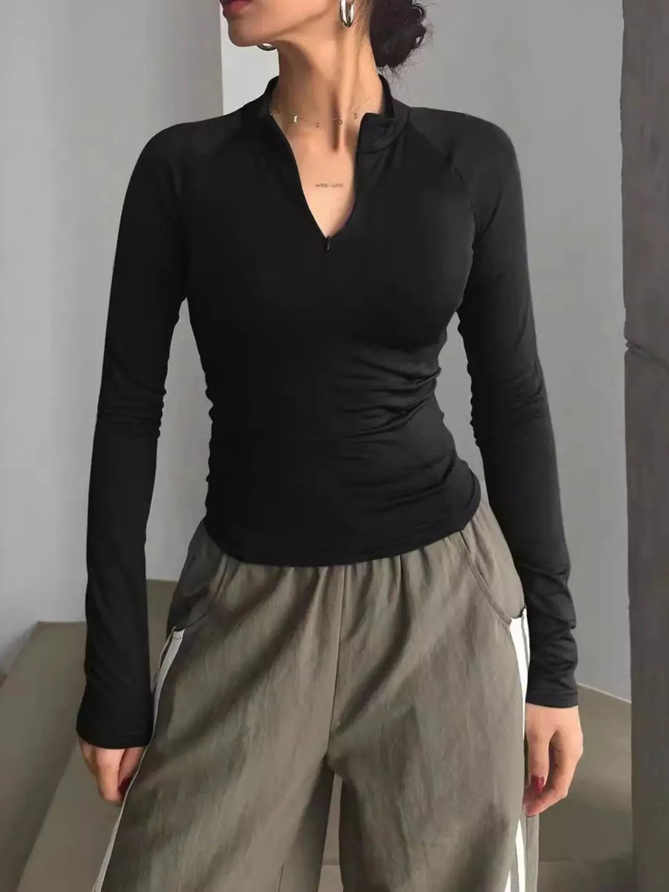 Long Sleeve Zip Front Fitted T-Shirt sold by Charming Charlie product image thumbnail 3