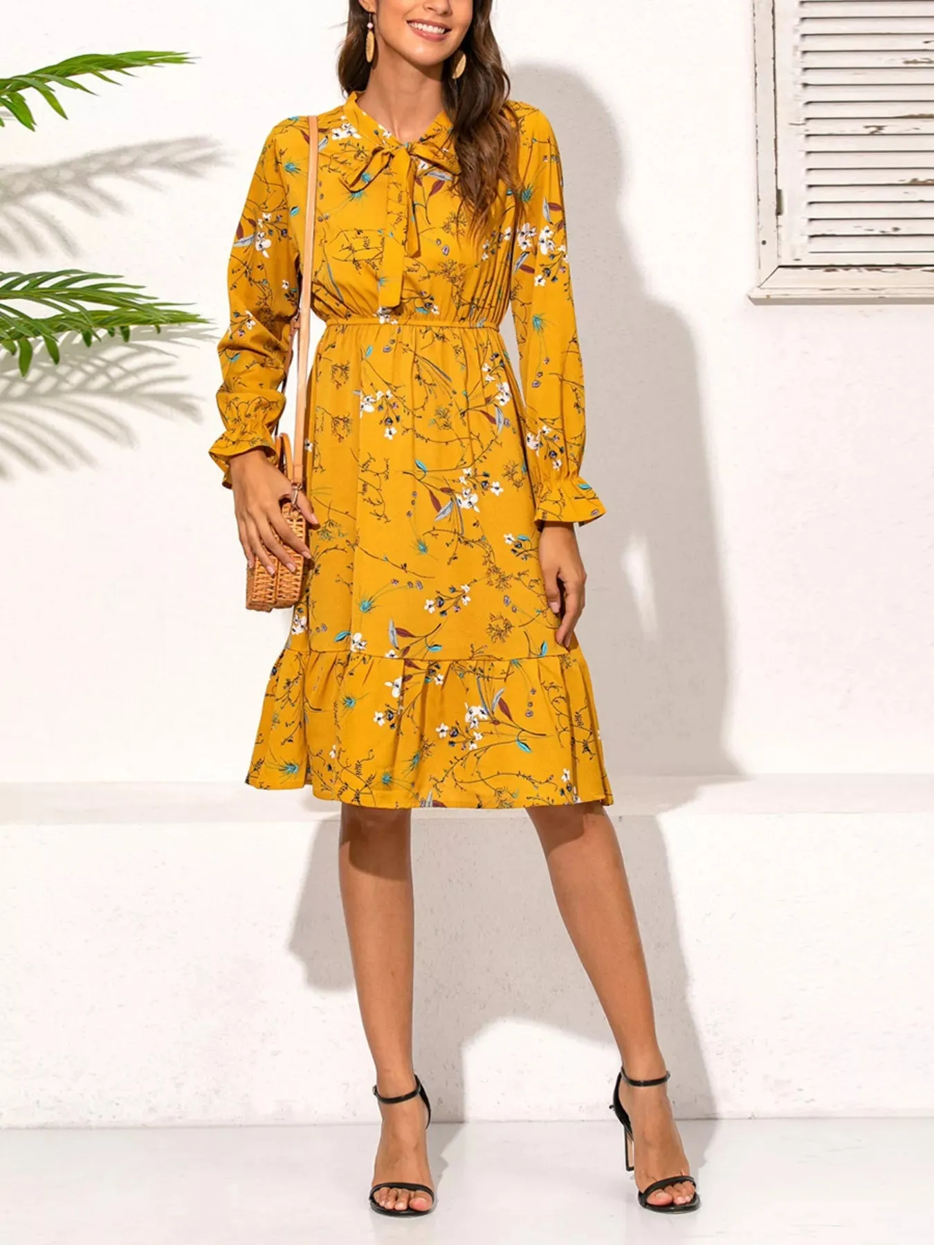 Ruffled Hem Floral Print Long Sleeve Dress sold by Charming Charlie product image thumbnail 5