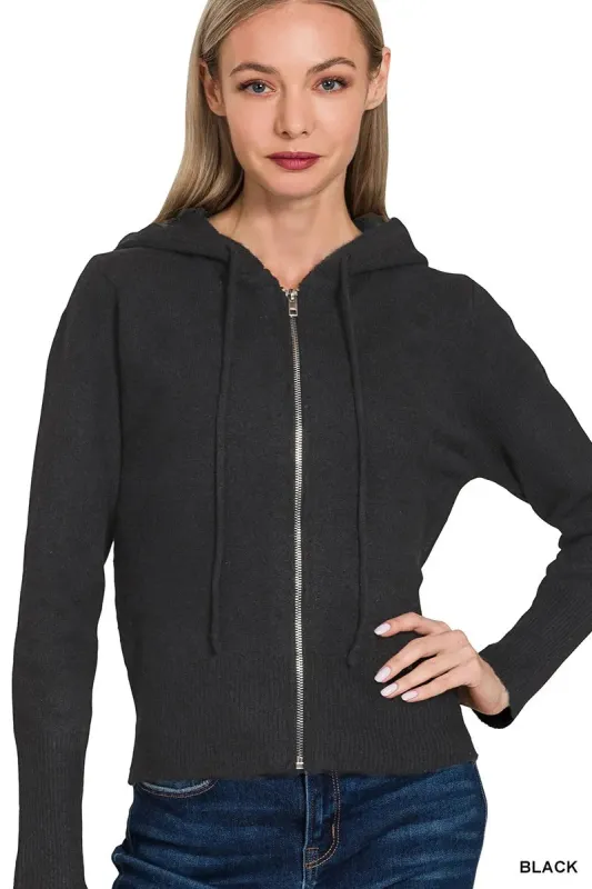 Zenana Drawstring Zip Up Hooded Cardigan sold by Charming Charlie