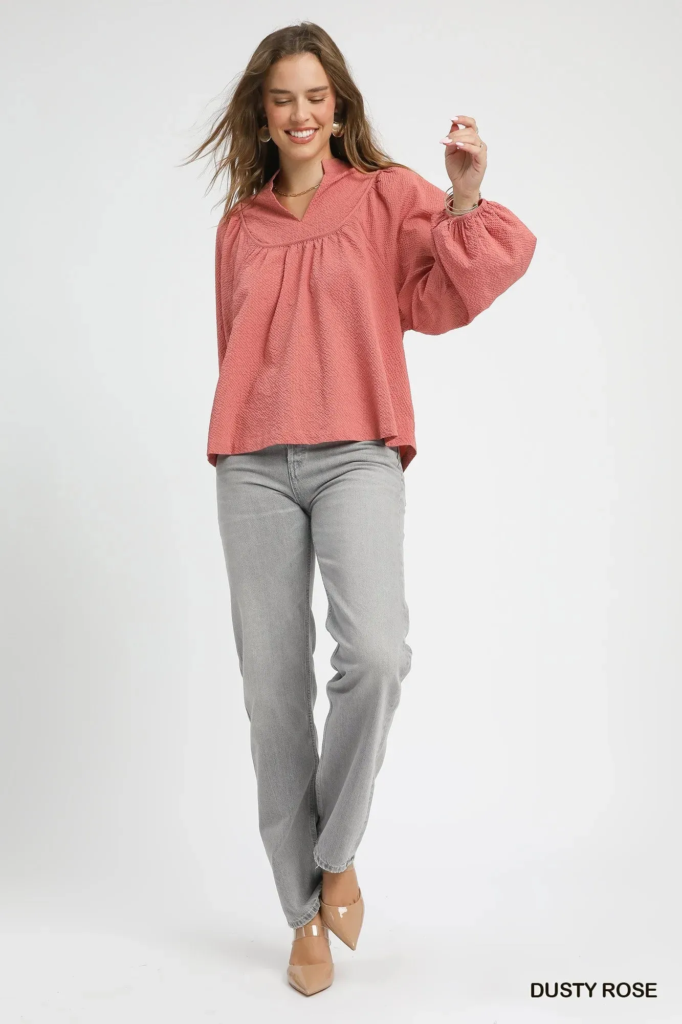 Umgee Textured Notched Blouse with Balloon Sleeves sold by Charming Charlie product image thumbnail 4