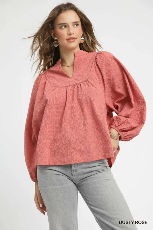 Umgee Textured Notched Blouse with Balloon Sleeves sold by Charming Charlie
