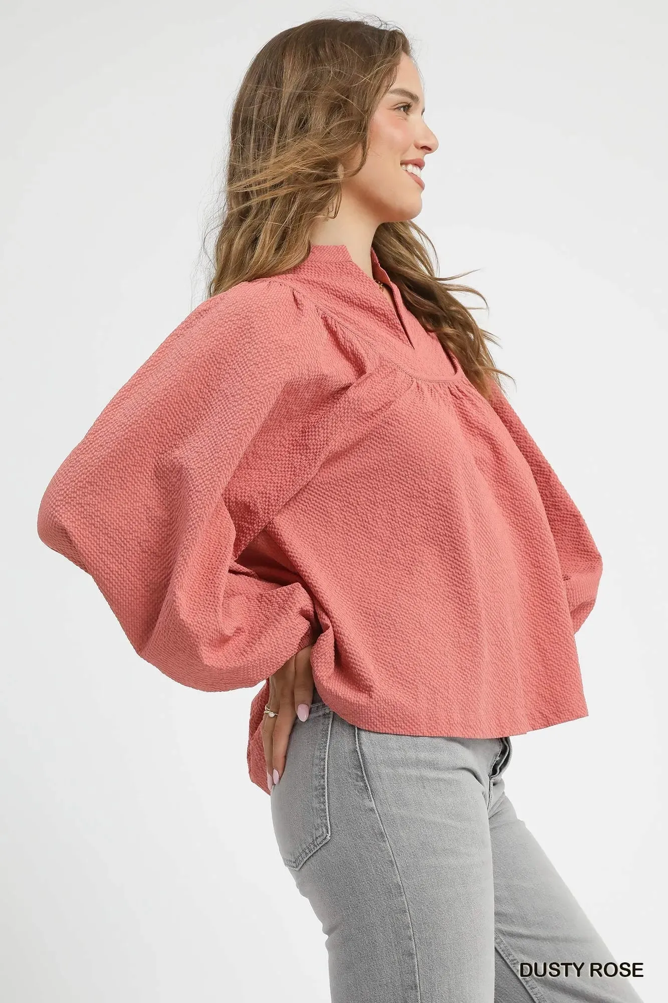 Umgee Textured Notched Blouse with Balloon Sleeves sold by Charming Charlie product image thumbnail 2