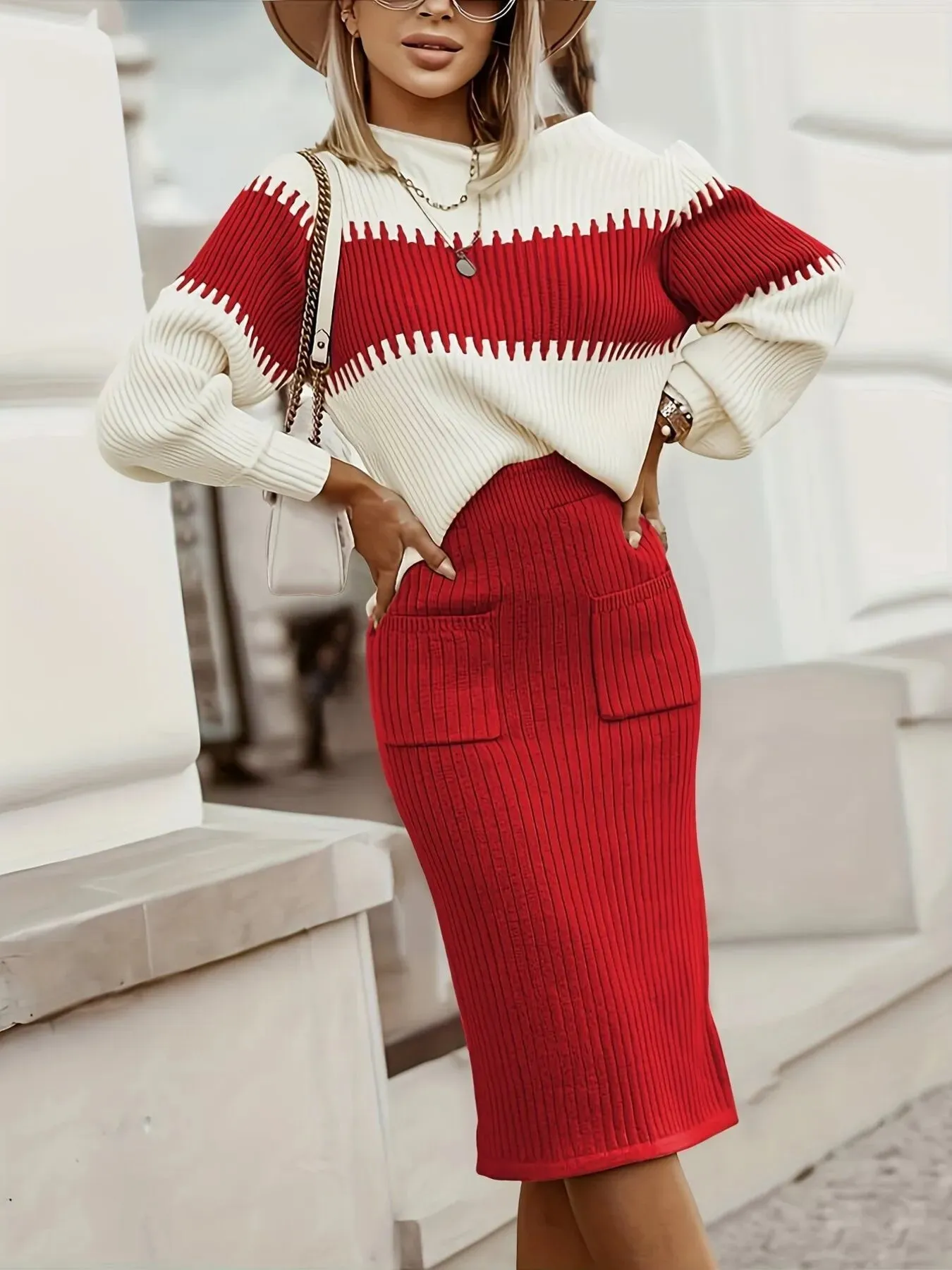 Two-Tone Ribbed Knit Top and Skirt Sweater Set sold by Charming Charlie product image thumbnail 2