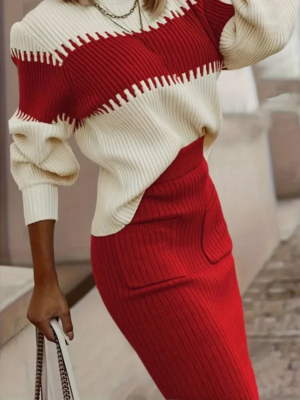 Two-Tone Ribbed Knit Top and Skirt Sweater Set sold by Charming Charlie