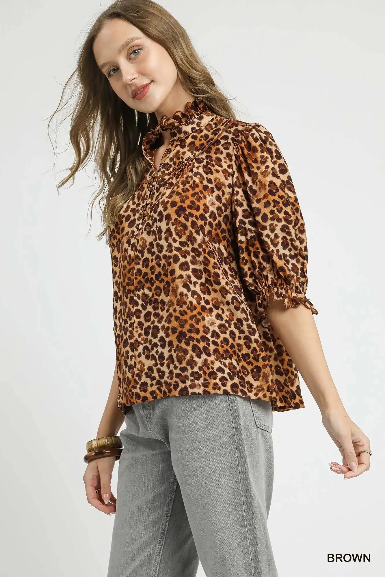 Umgee Full Size Leopard Print Ruffle Neck Blouse Plus Size sold by Charming Charlie product image thumbnail 4