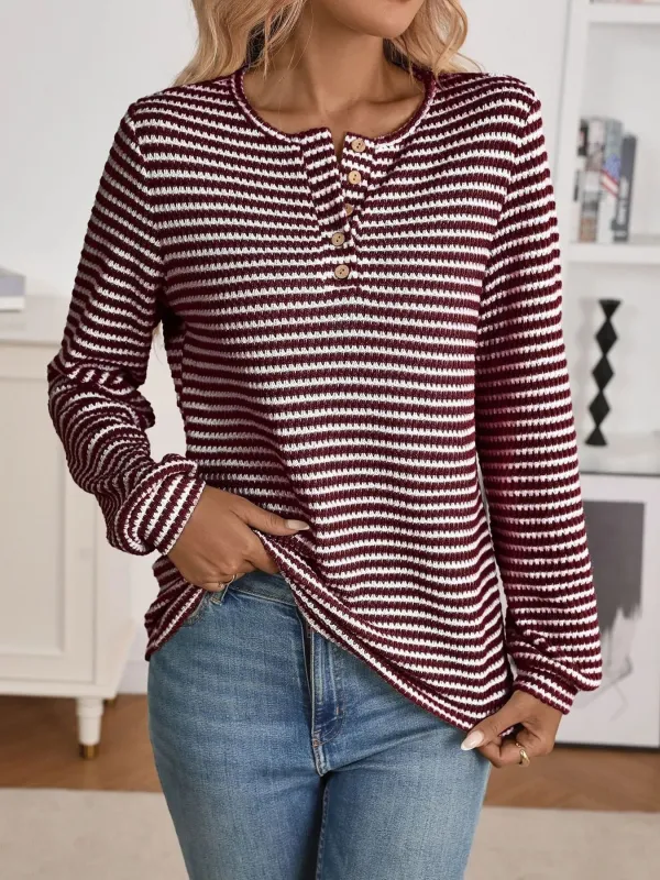 Striped Button Detail Long Sleeve Top made by Trendsi