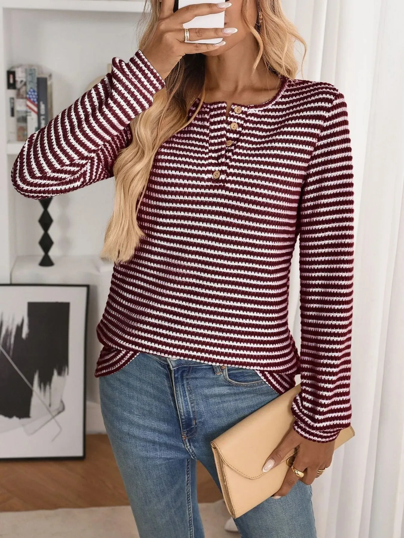 Striped Button Detail Long Sleeve Top sold by Charming Charlie product image thumbnail 5