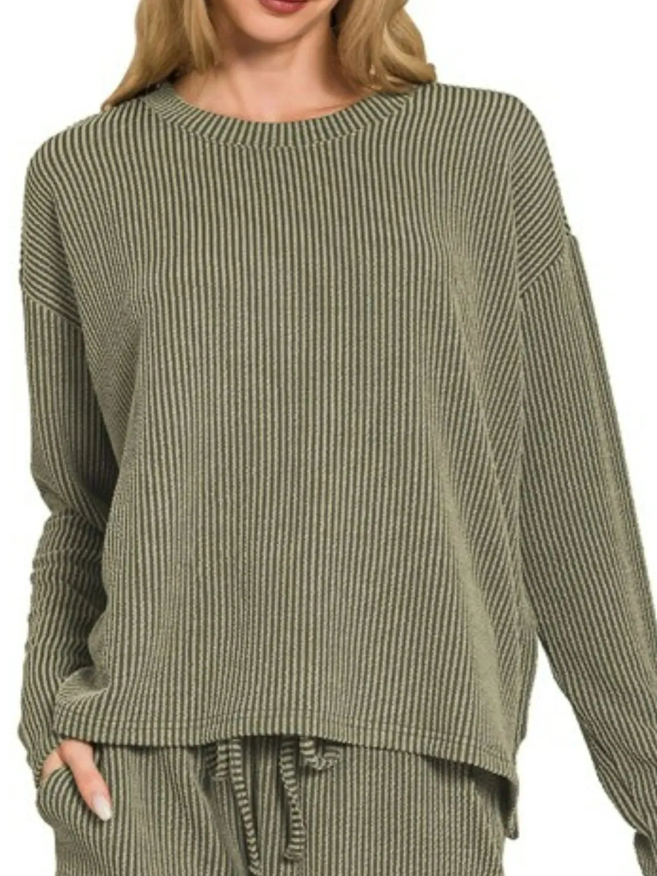 Zenana Corded Rib Long Sleeve Tee and Shorts Set sold by Charming Charlie product image thumbnail 3