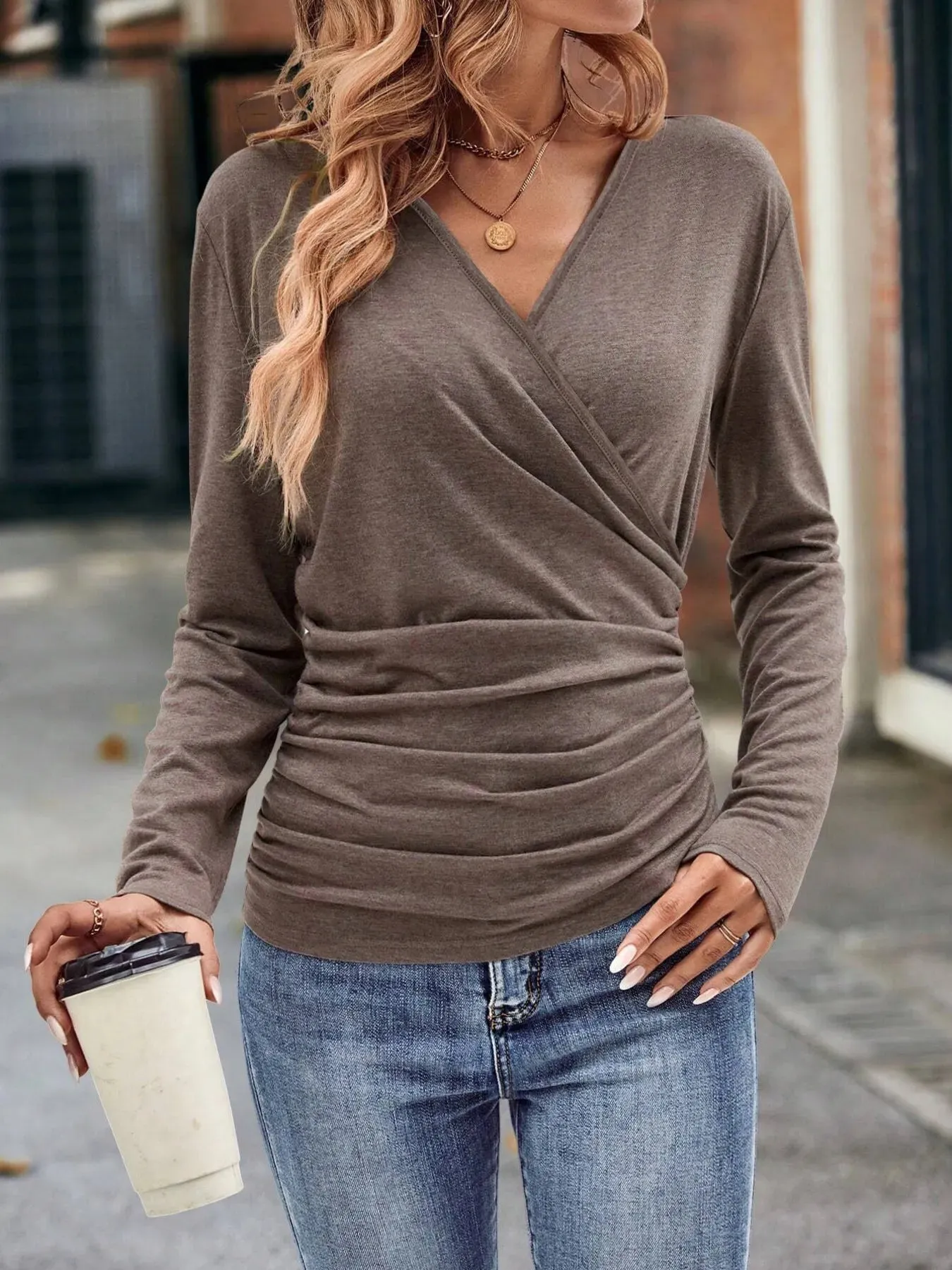Ruched Surplice Long Sleeve T-Shirt sold by Charming Charlie product image thumbnail 5