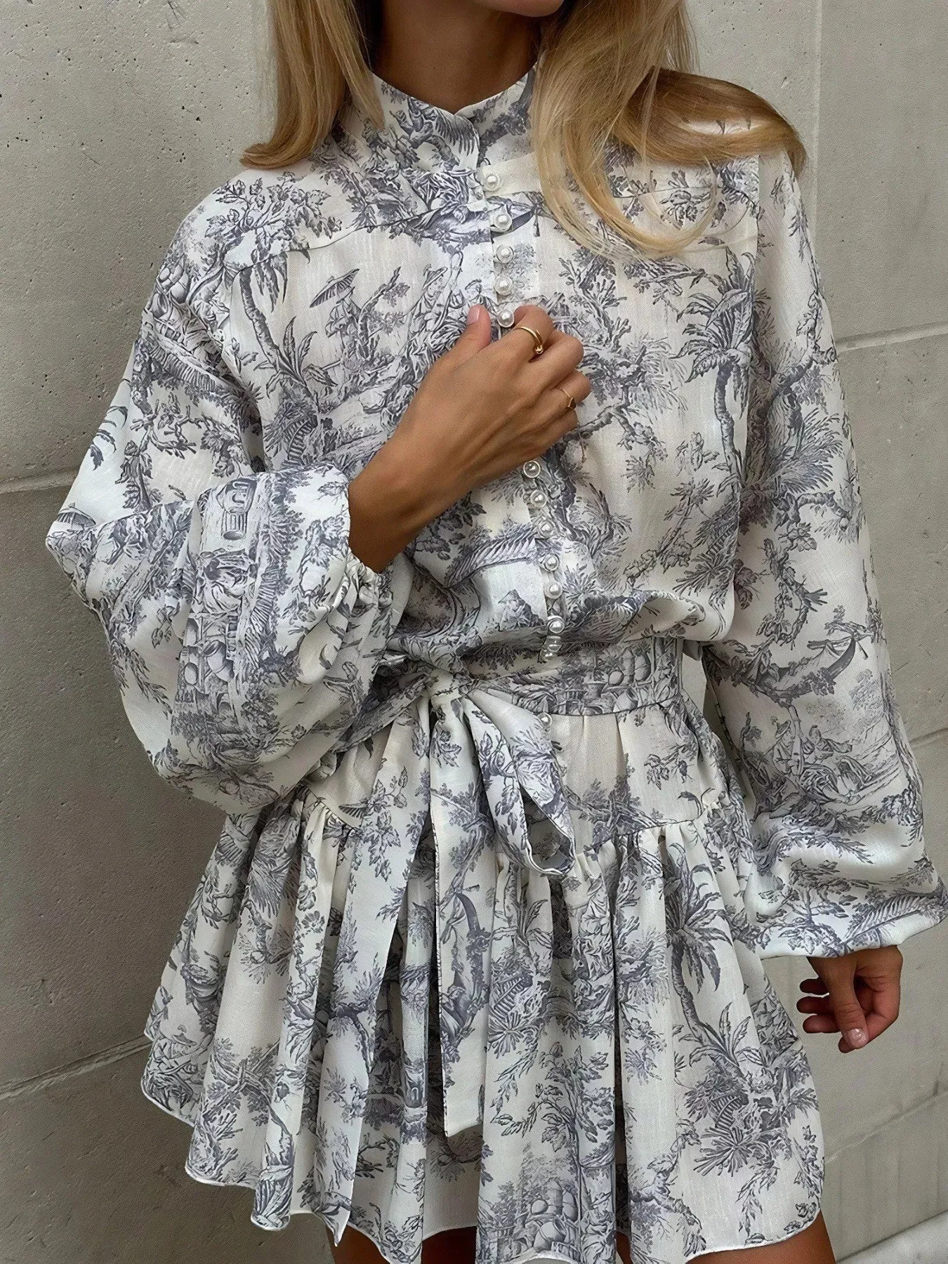 Printed Balloon Sleeve Tie Waist Dress sold by Charming Charlie product image thumbnail 2