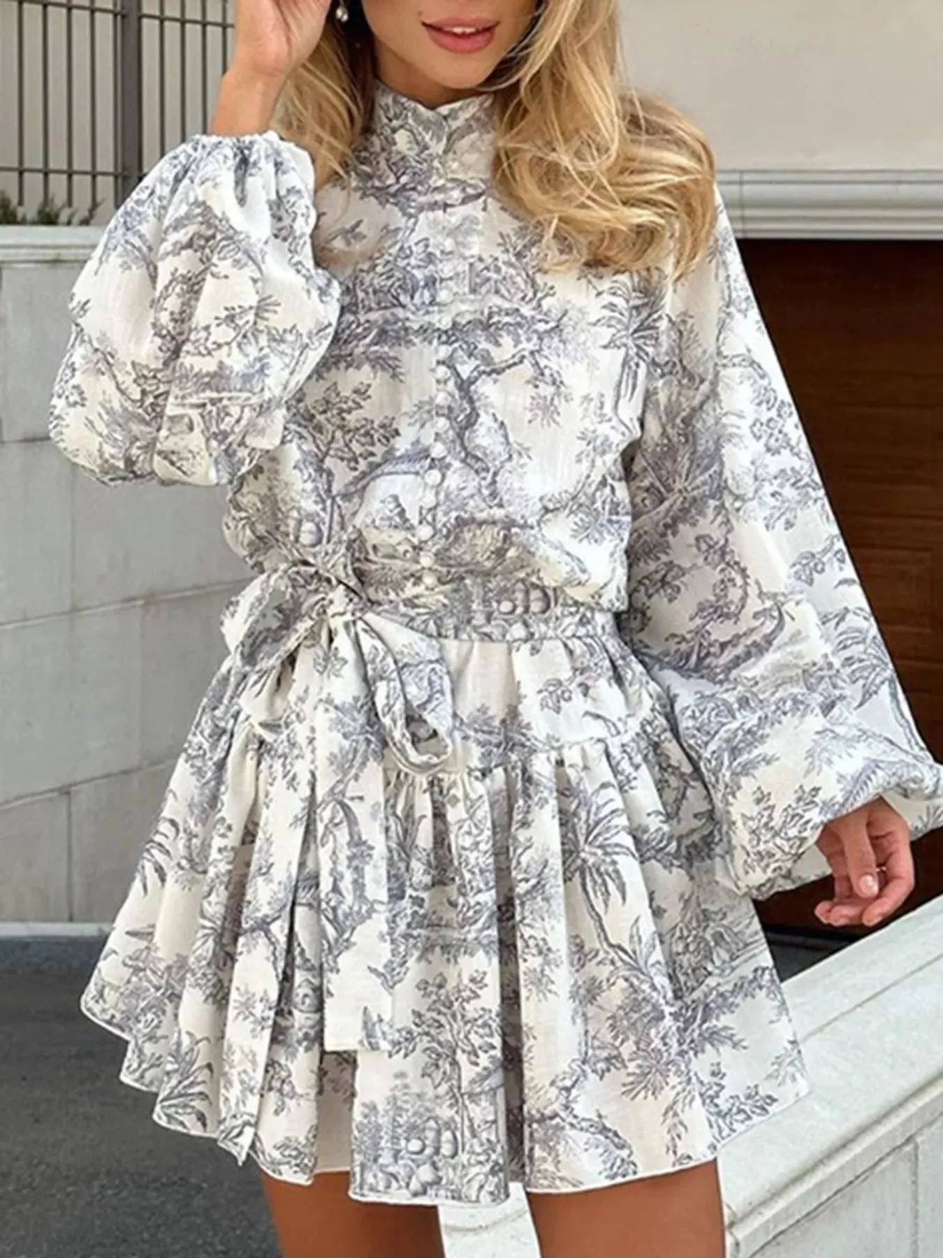 Printed Balloon Sleeve Tie Waist Dress sold by Charming Charlie product image thumbnail 3