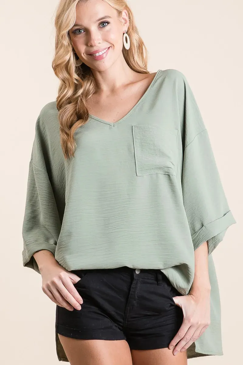 BiBi Flowy Woven V-Neck Top with Rolled Up Cuffs sold by Charming Charlie product image thumbnail 3