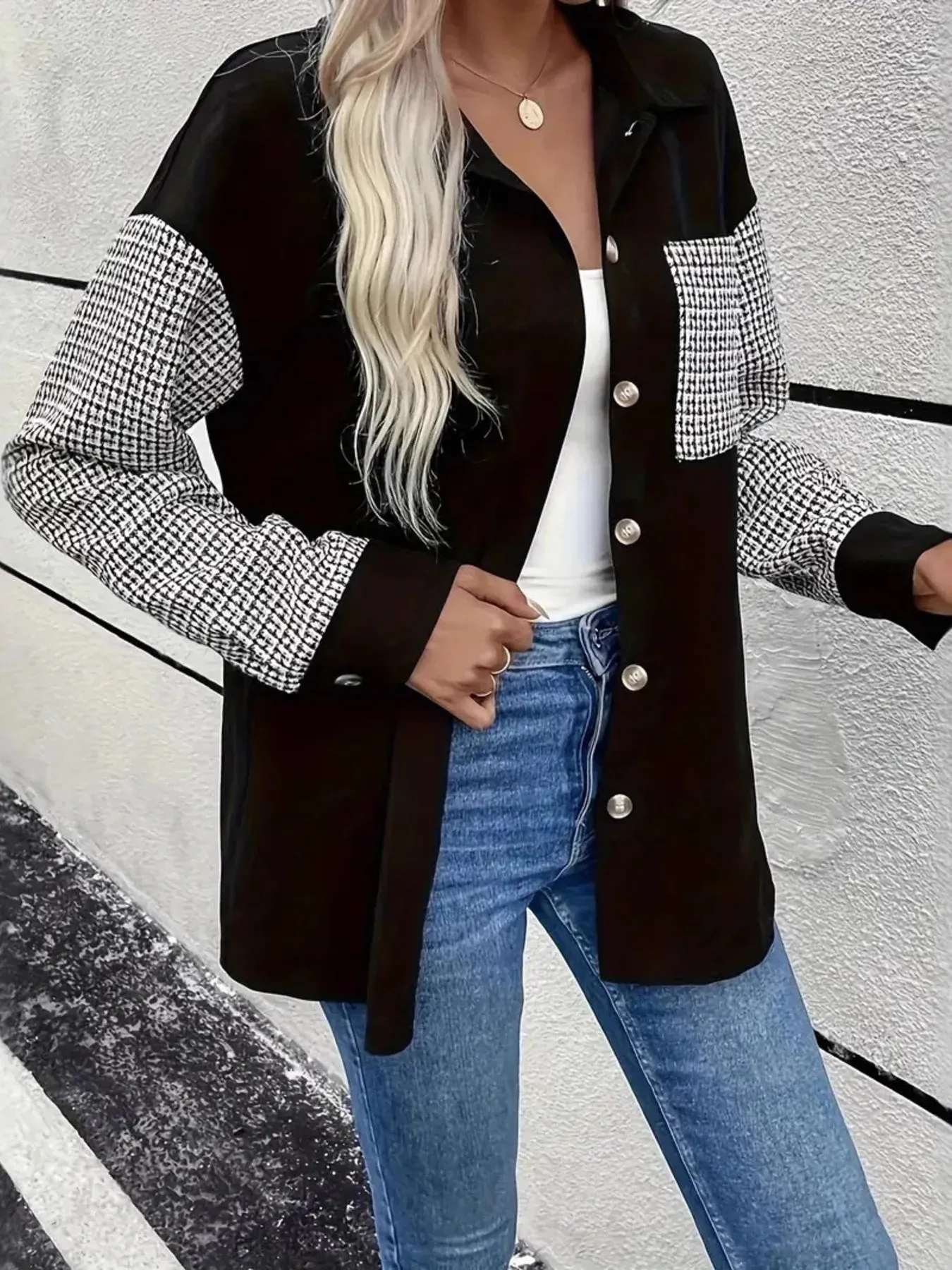 Houndstooth Contrast Button-Up Oversized Jacket sold by Charming Charlie product image thumbnail 5