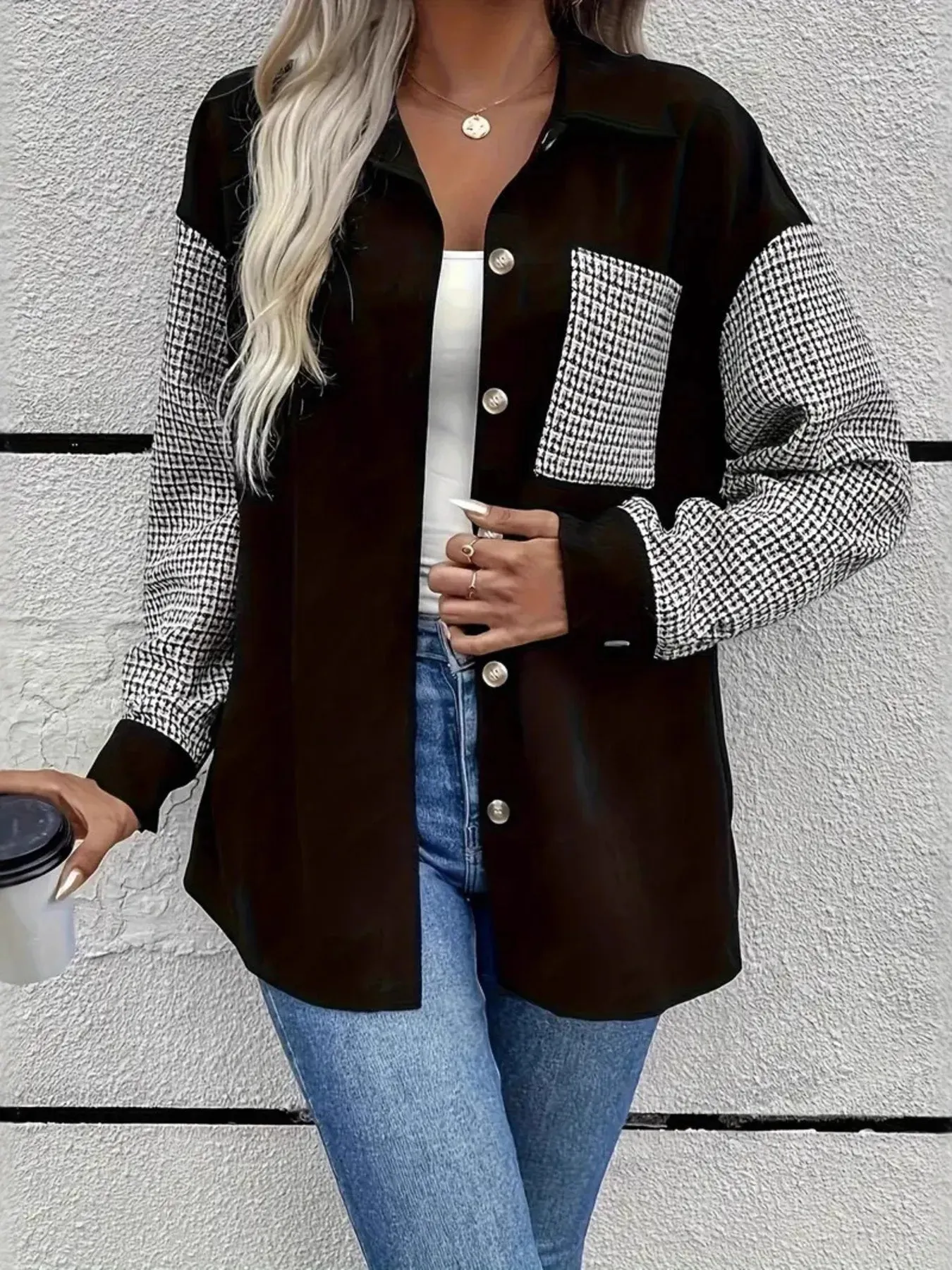 Houndstooth Contrast Button-Up Oversized Jacket sold by Charming Charlie product image thumbnail 4