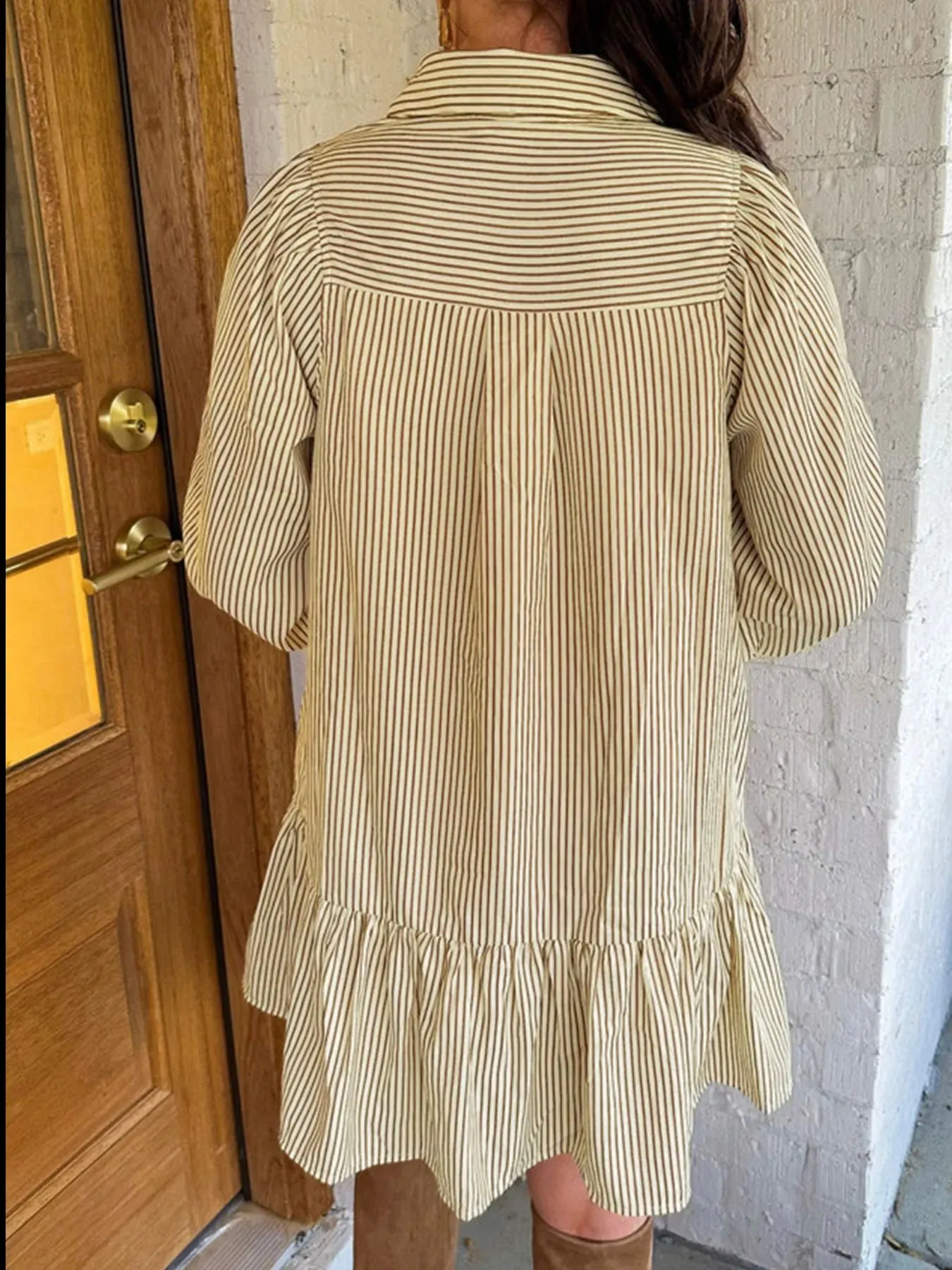 Stripe Collared Neck Cuffed Long Sleeve Drop Waist Mini Dress sold by Charming Charlie product image thumbnail 4