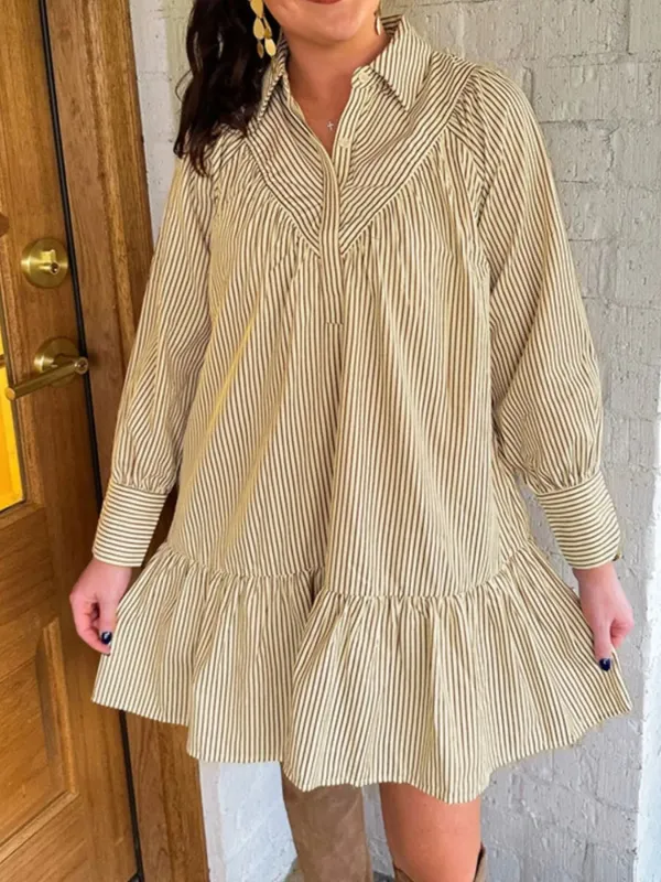 Stripe Collared Neck Cuffed Long Sleeve Drop Waist Mini Dress sold by Charming Charlie