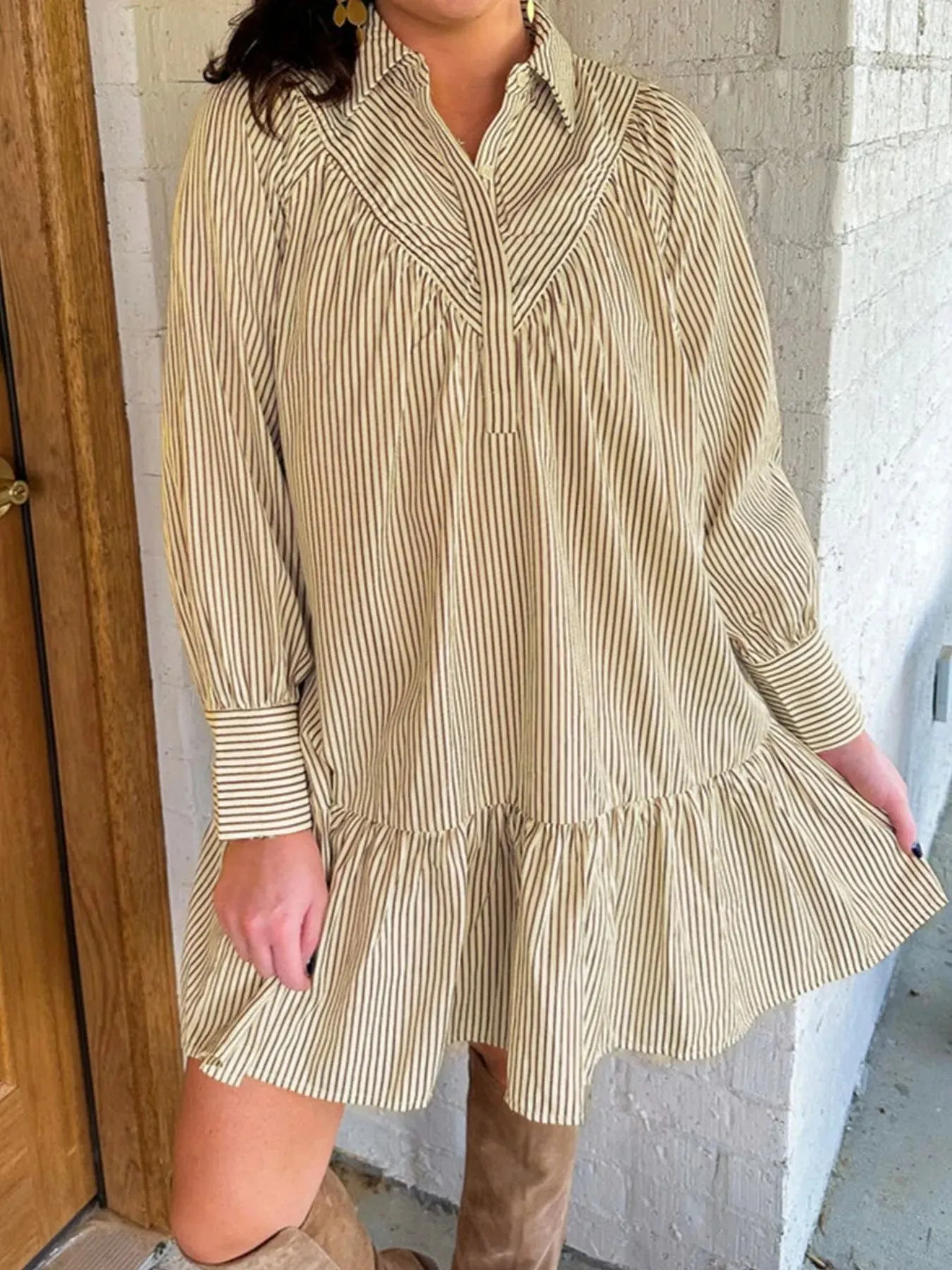 Stripe Collared Neck Cuffed Long Sleeve Drop Waist Mini Dress sold by Charming Charlie product image thumbnail 2