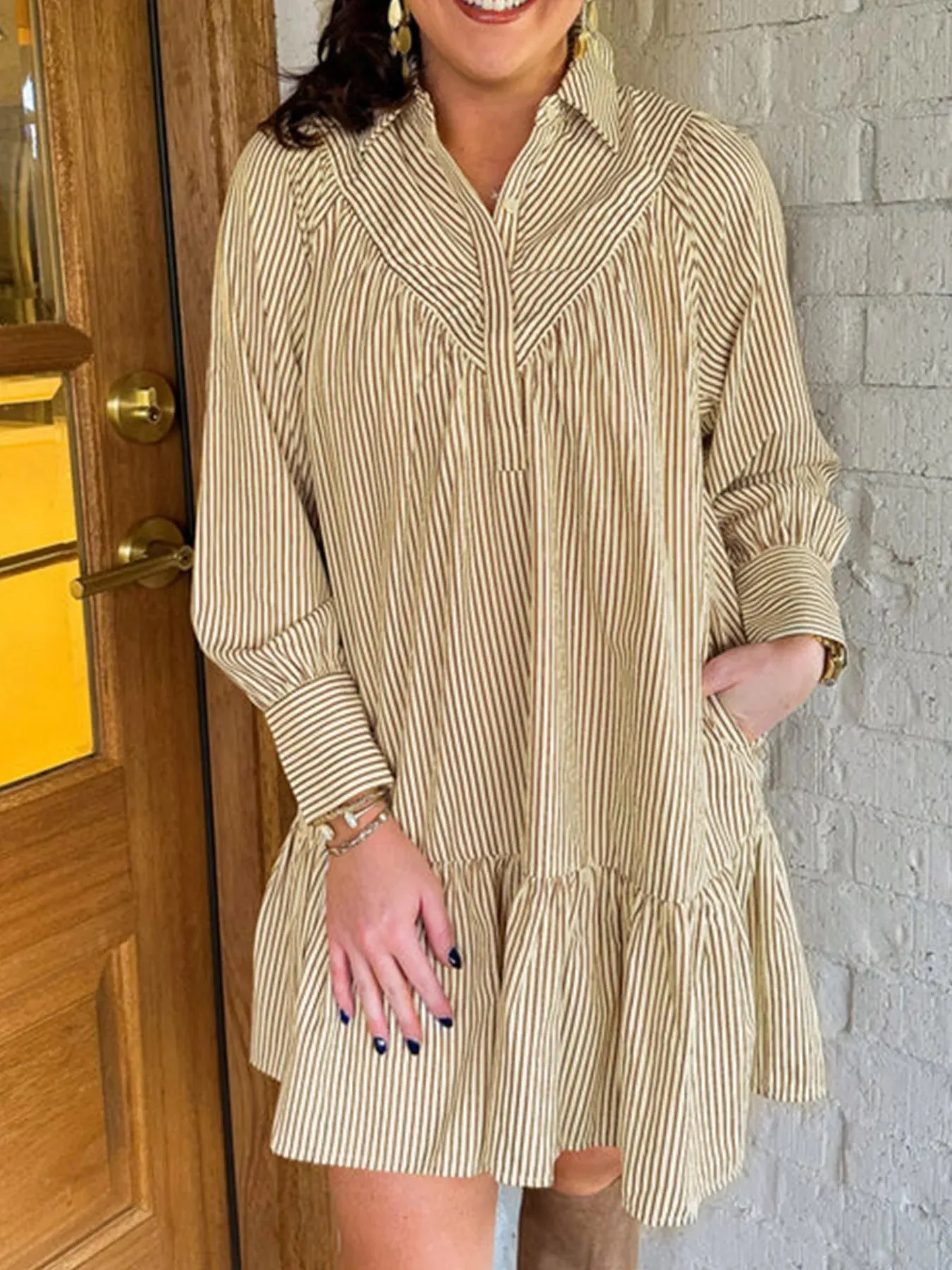 Stripe Collared Neck Cuffed Long Sleeve Drop Waist Mini Dress sold by Charming Charlie product image thumbnail 3