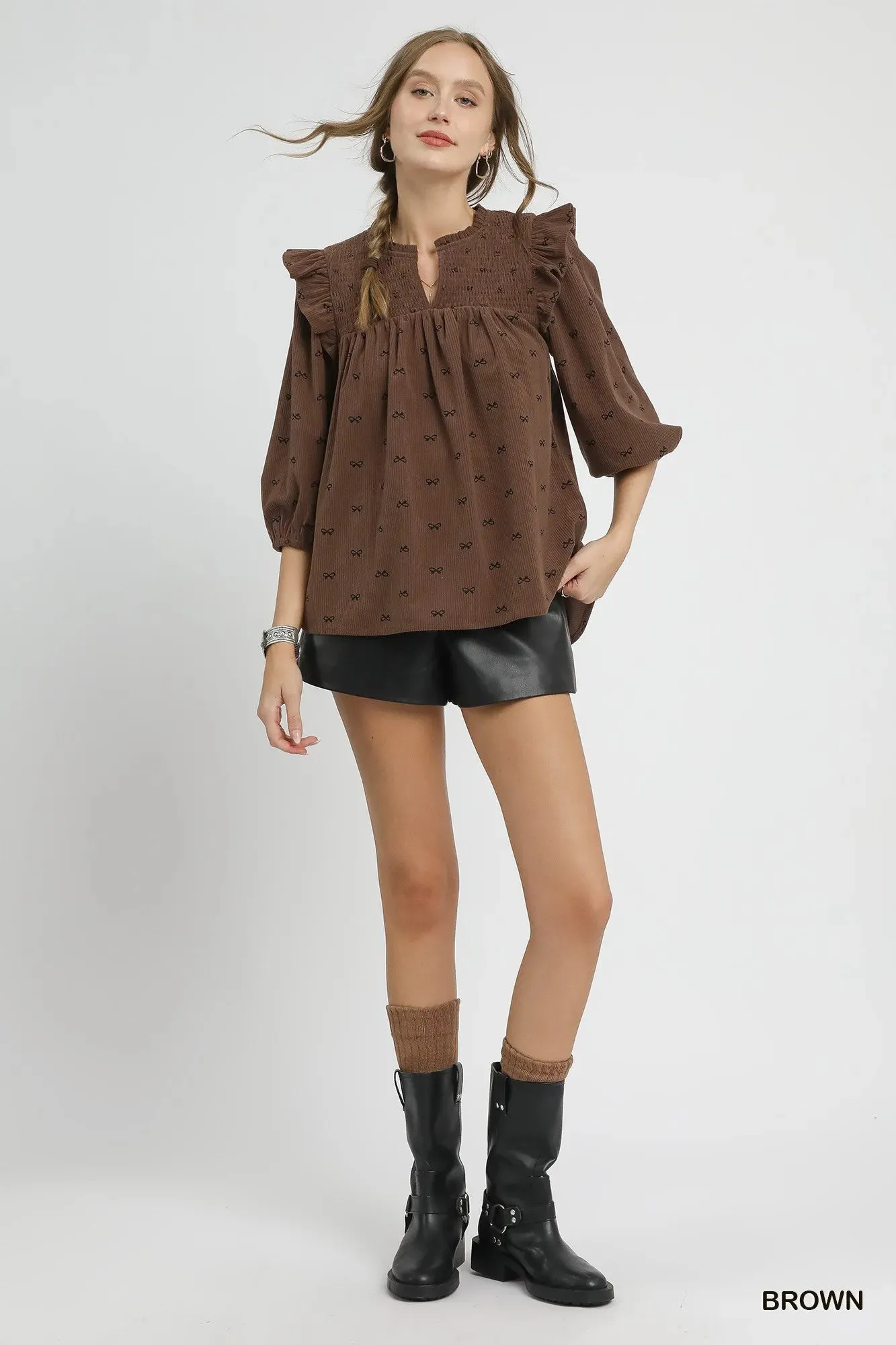 Umgee Bow Print Corduroy Puff Sleeve Blouse with Ruffled sold by Charming Charlie product image thumbnail 5