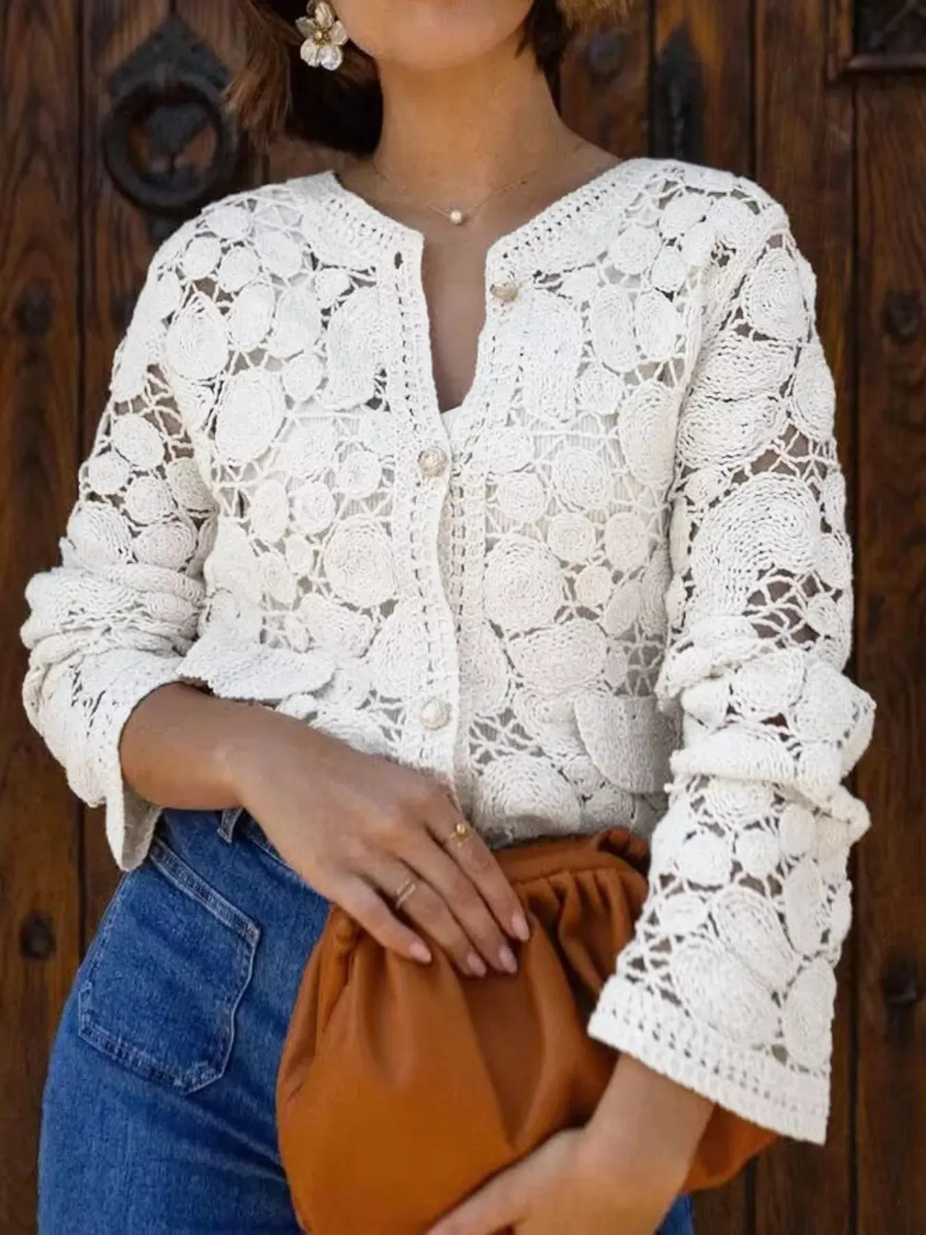 Crochet Long Sleeve Button Up Cardigan sold by Charming Charlie product image thumbnail 5