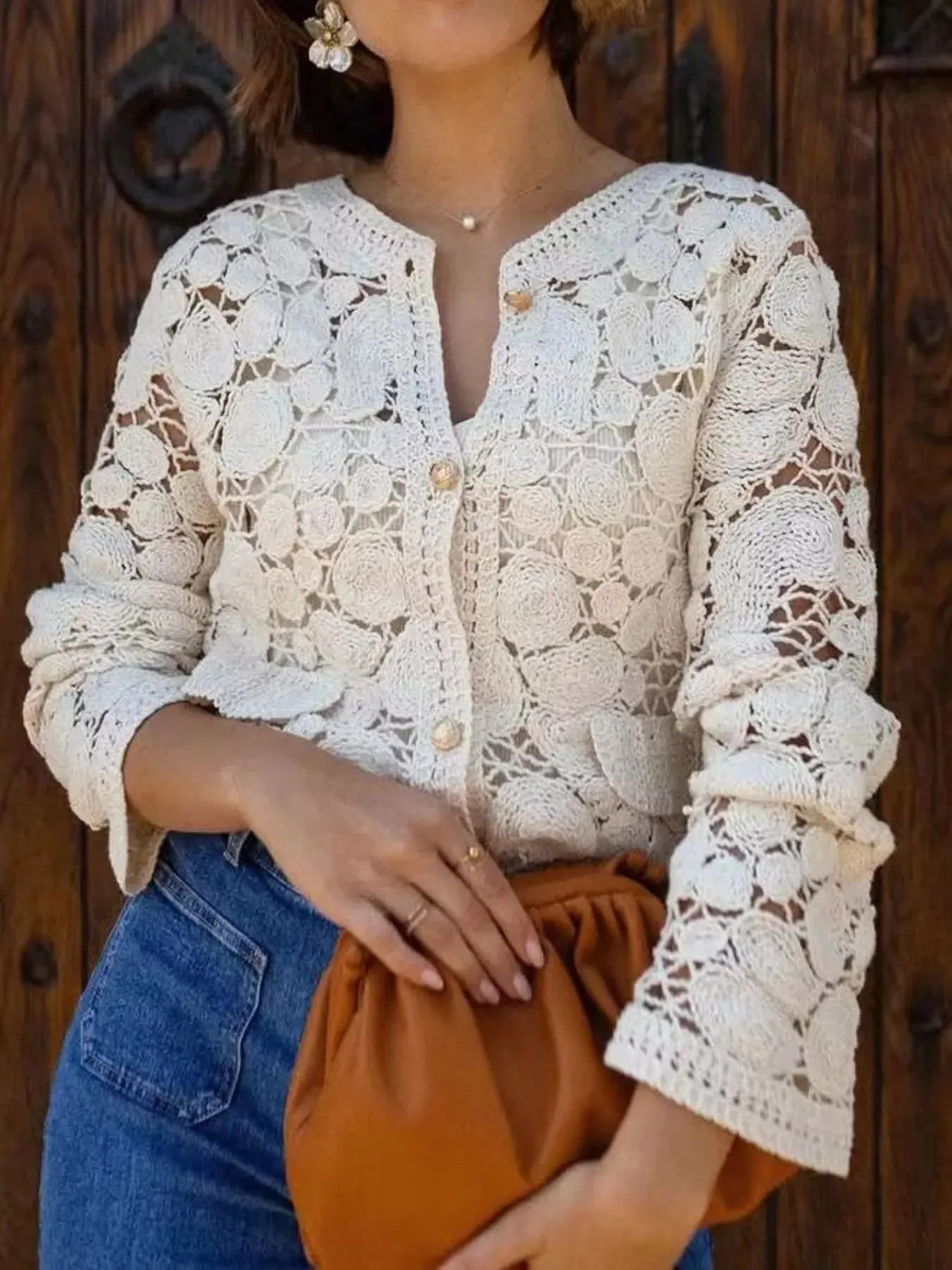 Crochet Long Sleeve Button Up Cardigan sold by Charming Charlie product image thumbnail 2