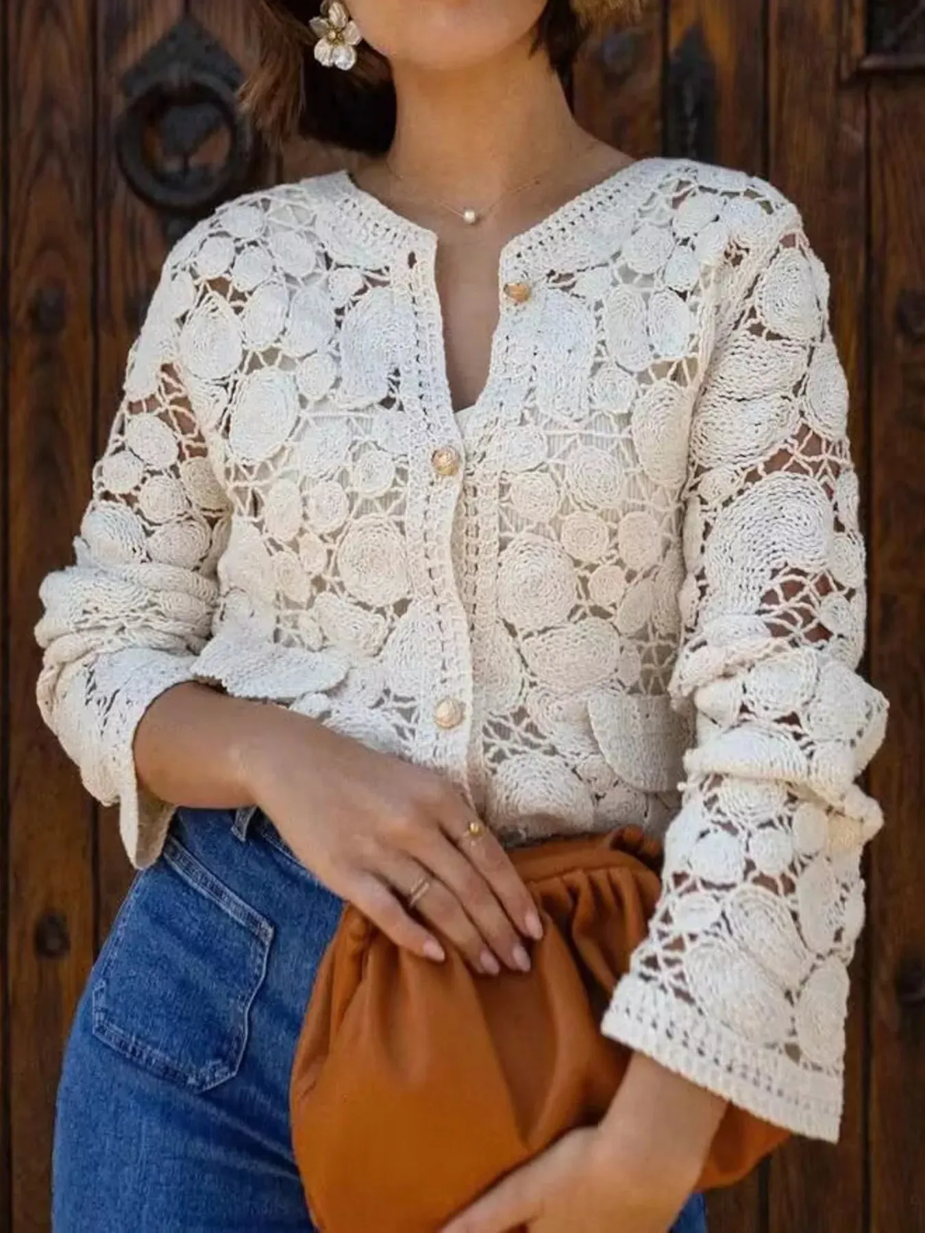 Crochet Long Sleeve Button Up Cardigan sold by Charming Charlie product image thumbnail 3