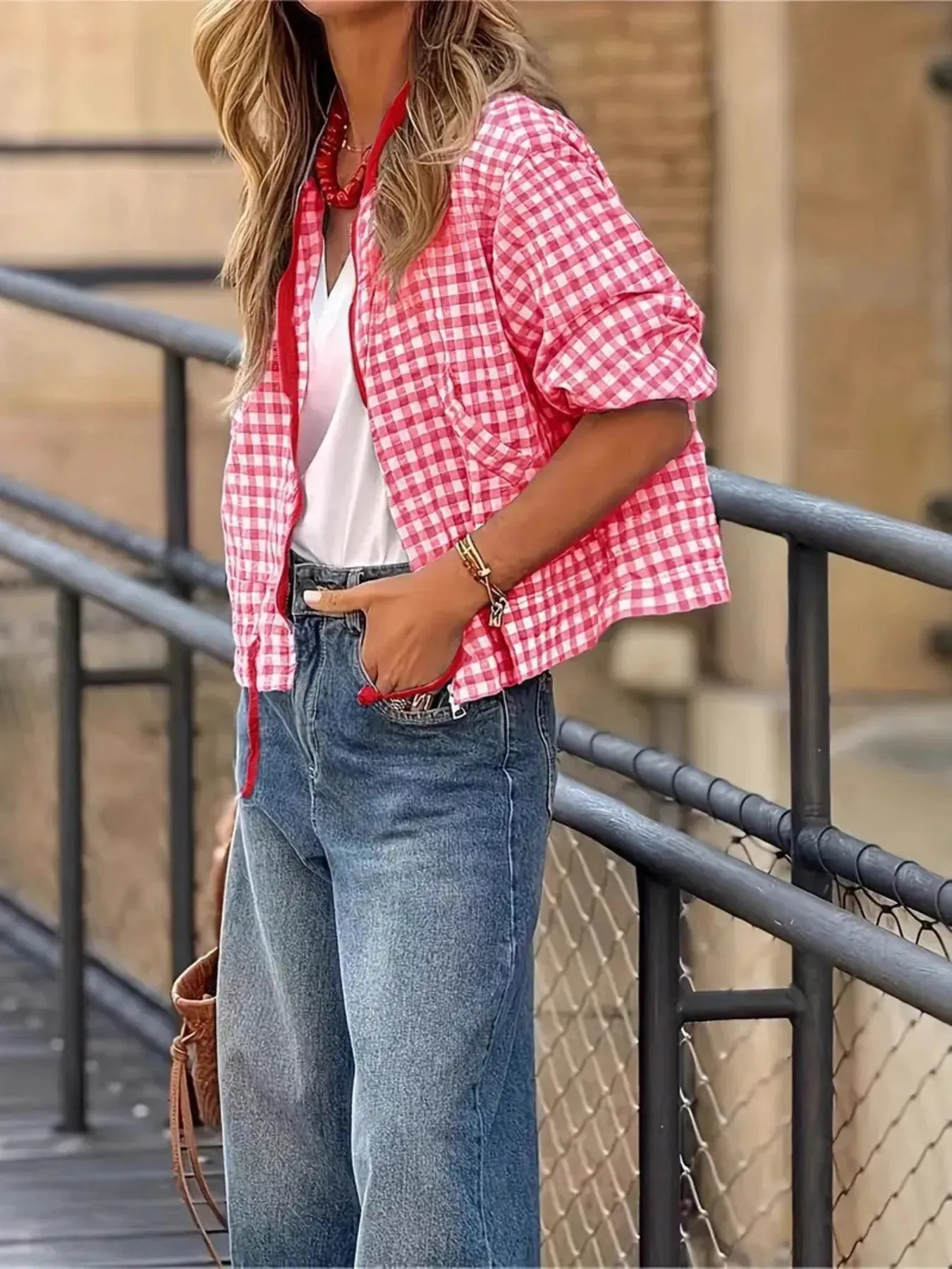 Plaid Zip Up Long Sleeve Jacket sold by Charming Charlie