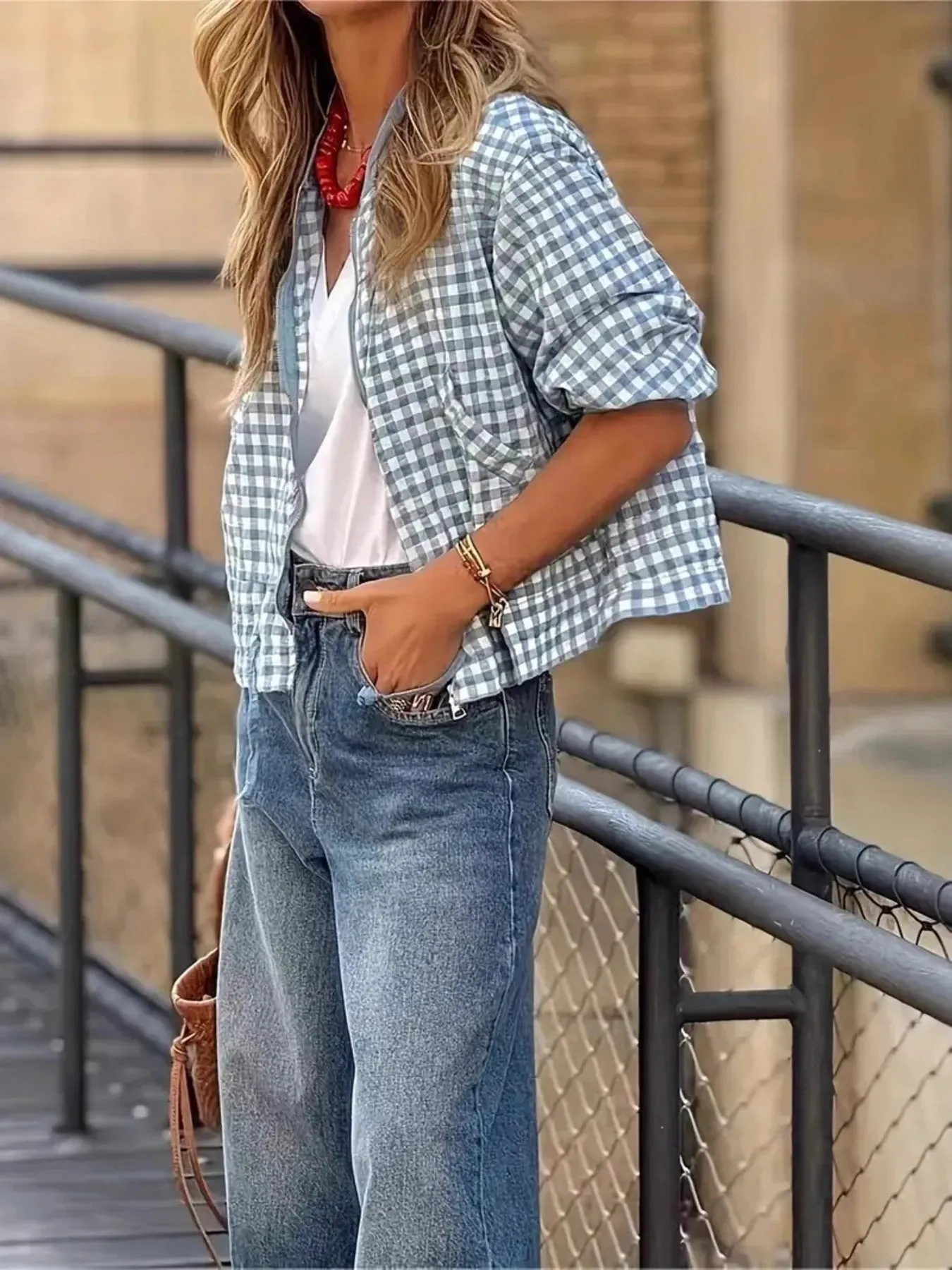 Plaid Zip Up Long Sleeve Jacket sold by Charming Charlie product image thumbnail 5