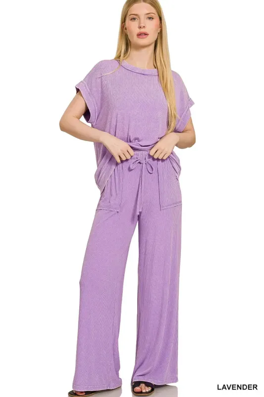 Zenana Ribbed Acid Wash Rayon Top & Pants Set sold by Charming Charlie