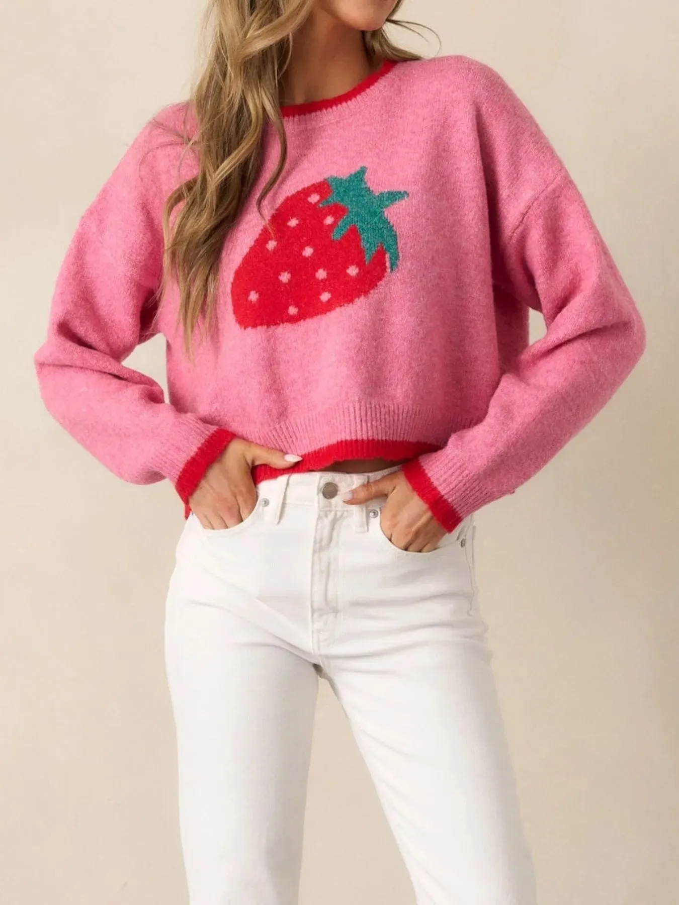 Strawberry Round Neck Long Sleeve Sweater sold by Charming Charlie product image thumbnail 4