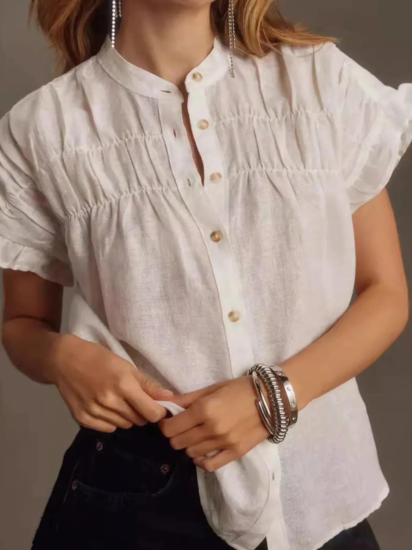 Ruffled Short Sleeve Button Up Shirt sold by Charming Charlie product image thumbnail 4